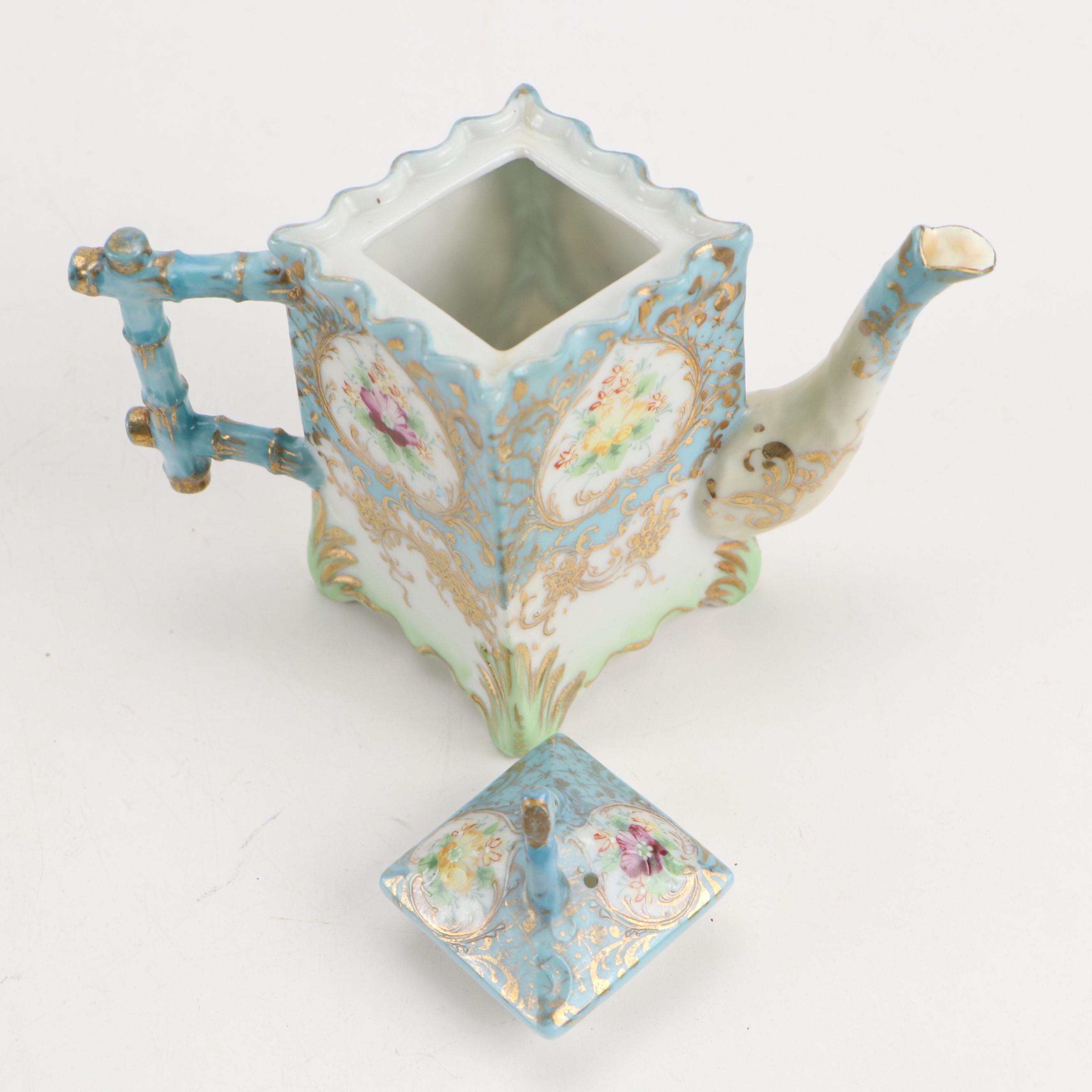 Nippon Porcelain Robin's-Egg Blue and Gilt Accented Geisha Tea Set with Tray