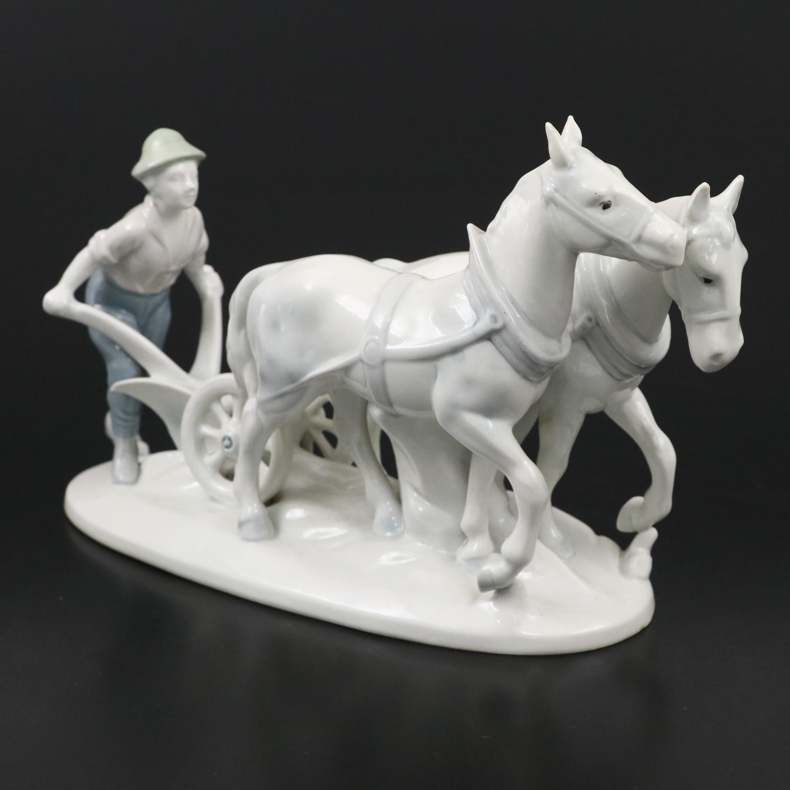 Gerold German Porcelain  Horse and Plow Figurine, Mid to Late 20th Century