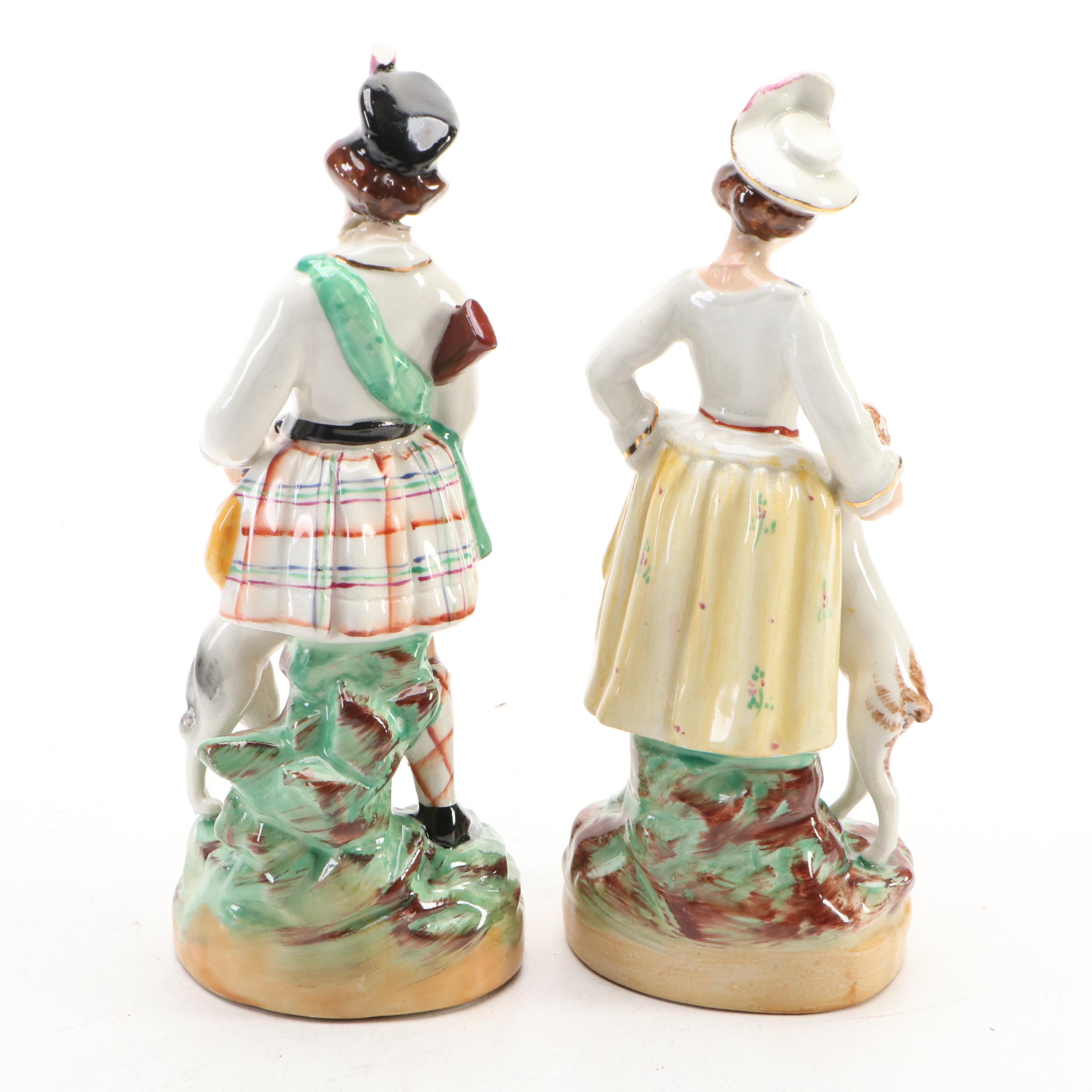William Kent Staffordshire Ware Higland Man and Woman with Dogs Figurines