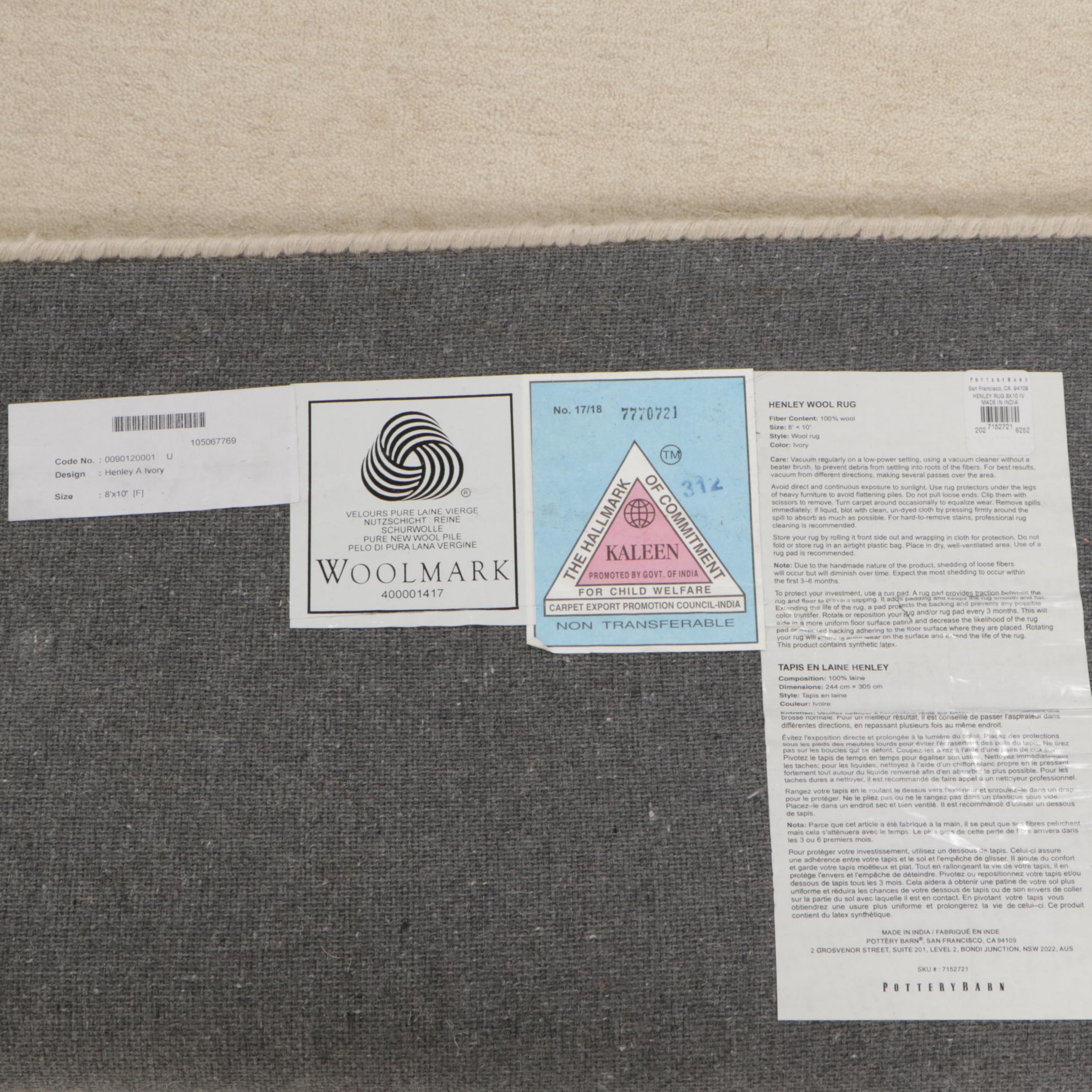 8' x 10' Hand-Tufted Pottery Barn "Ivory" Indian Area Rug