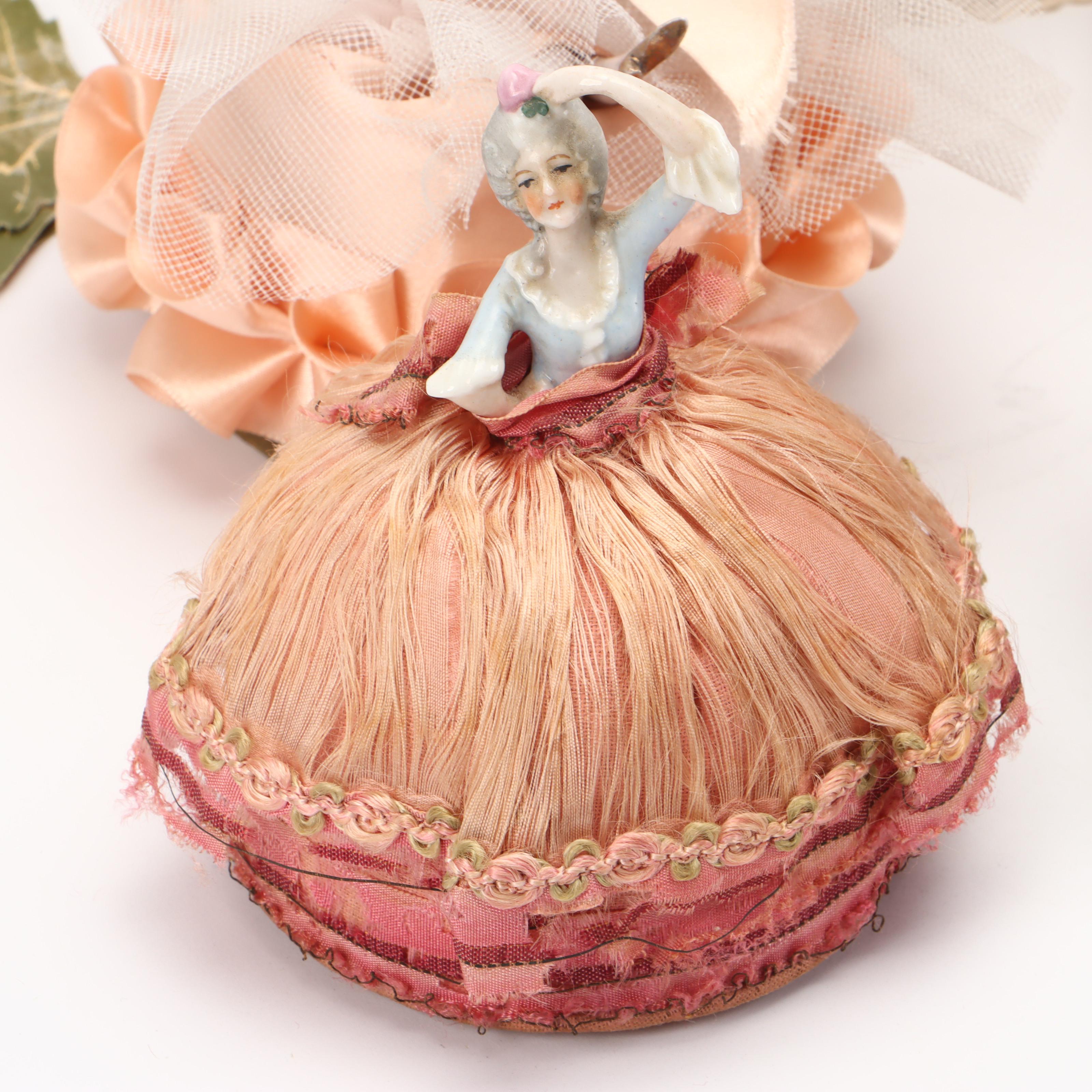 Victorian Porcelain Pin Cushion Dolls with Soap Box and More