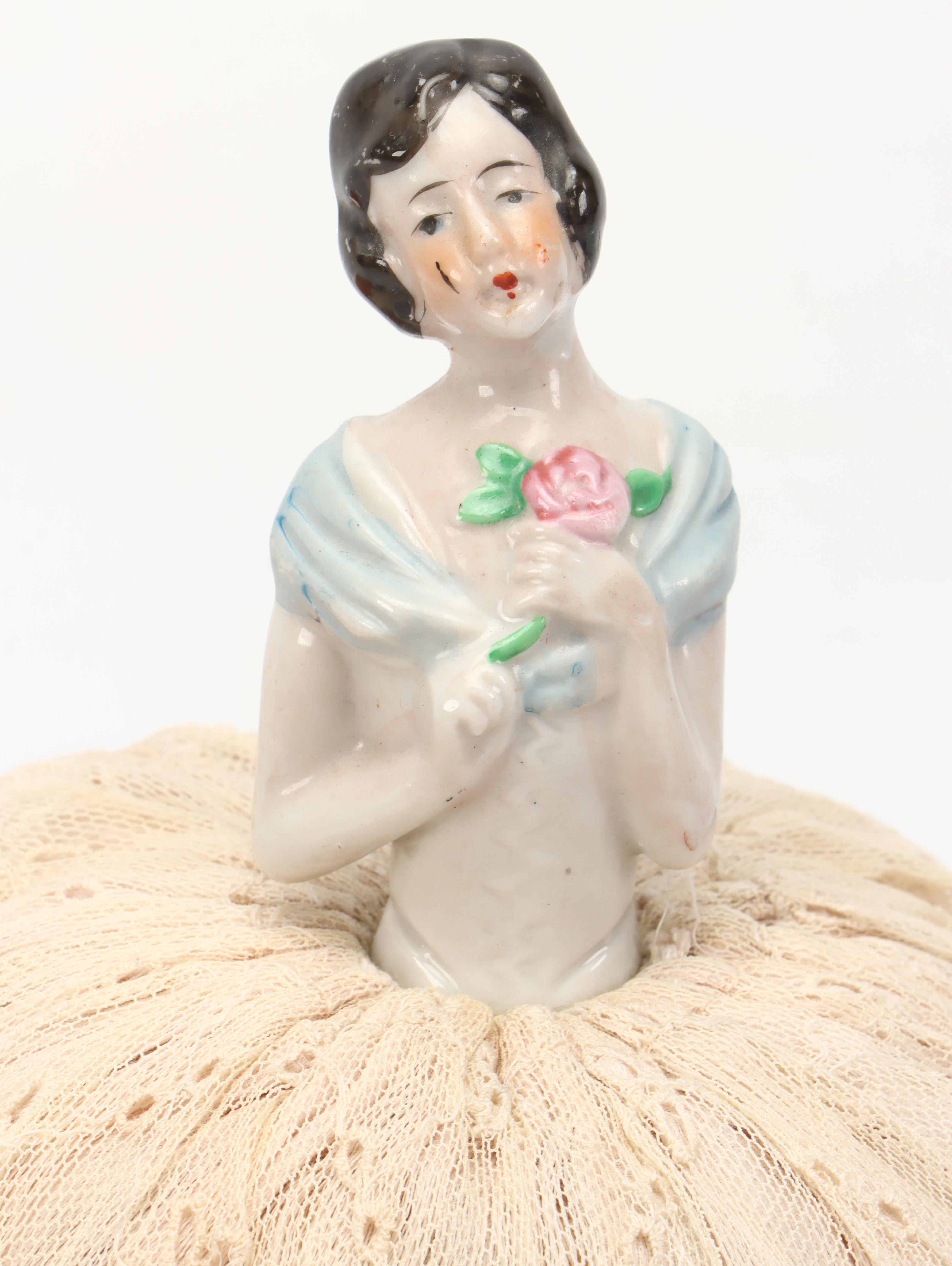 Victorian Porcelain Pin Cushion Dolls with Soap Box and More