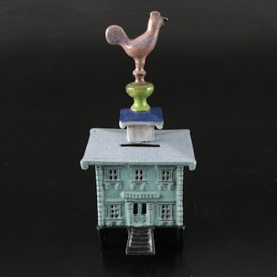 French Cast Iron Caisse with Rooster Finial Coin Bank, Early 20th Century French Cast Iron Caisse with Rooster Finial Coin Bank, Early 20th Century