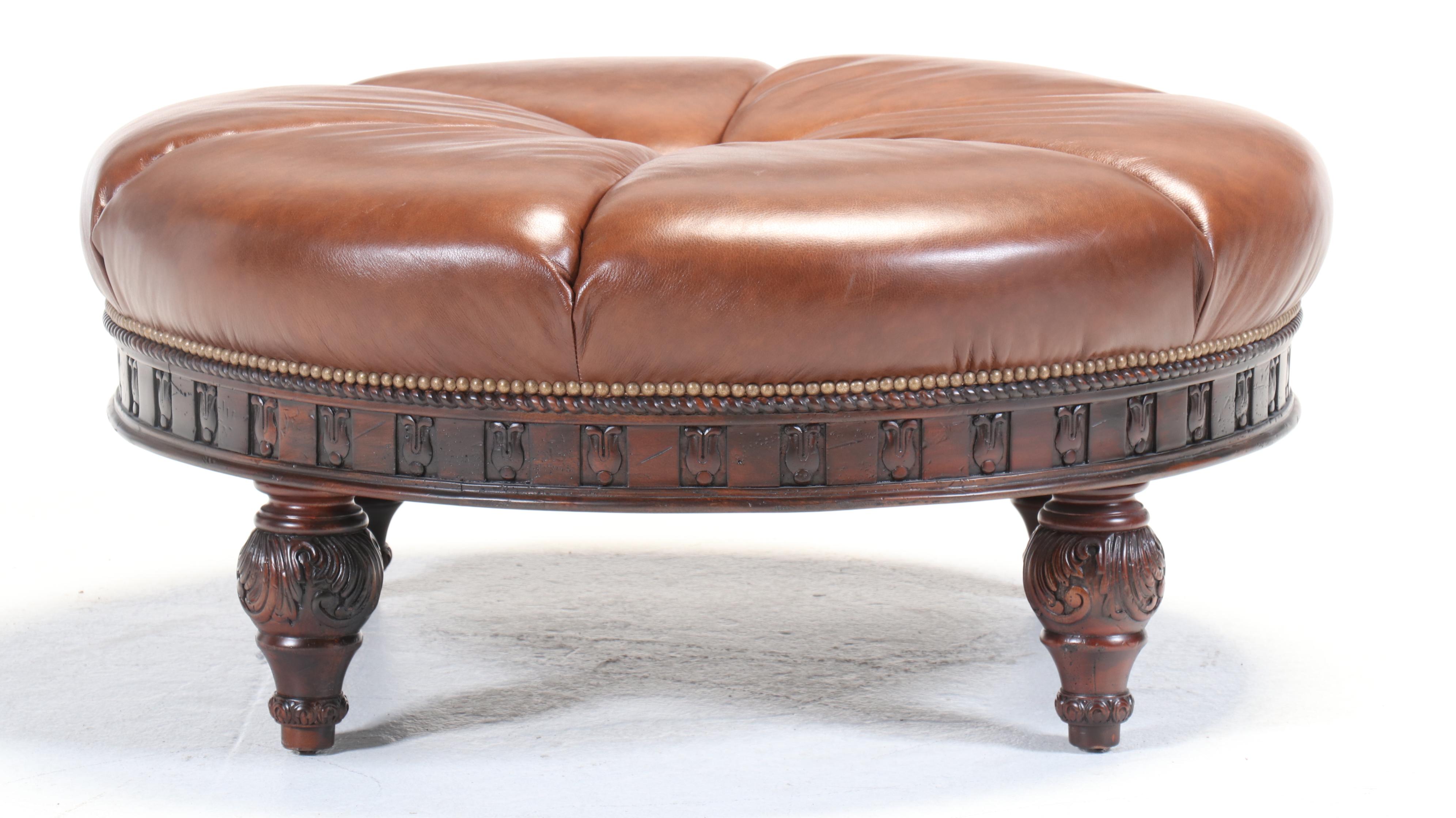King Hickory Neoclassical Style Button-Tufted Leather Cocktail Ottoman