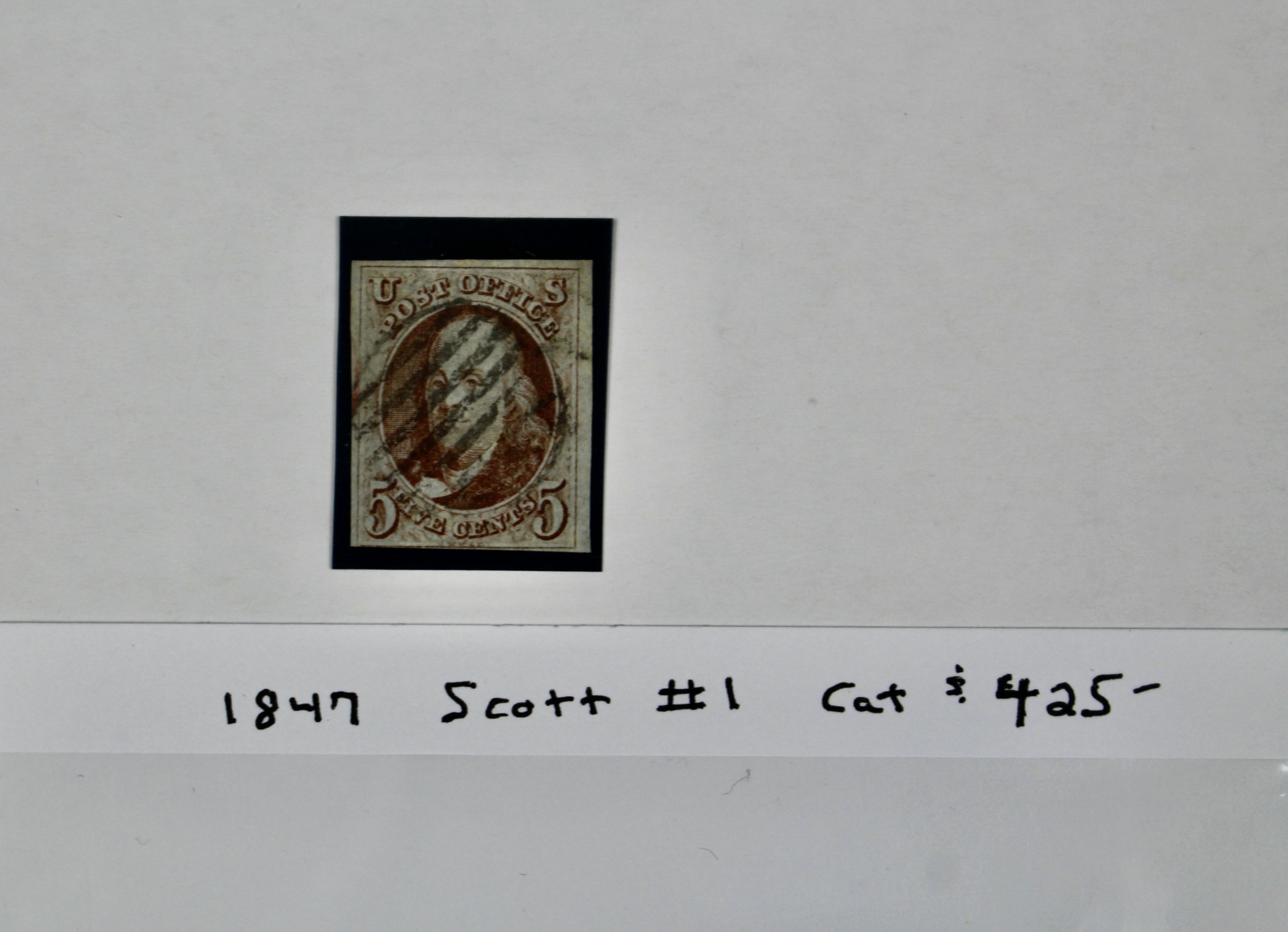 1847 5-Cent Franklin Postage Stamp, Scott #1, Oldest U.S. Stamp