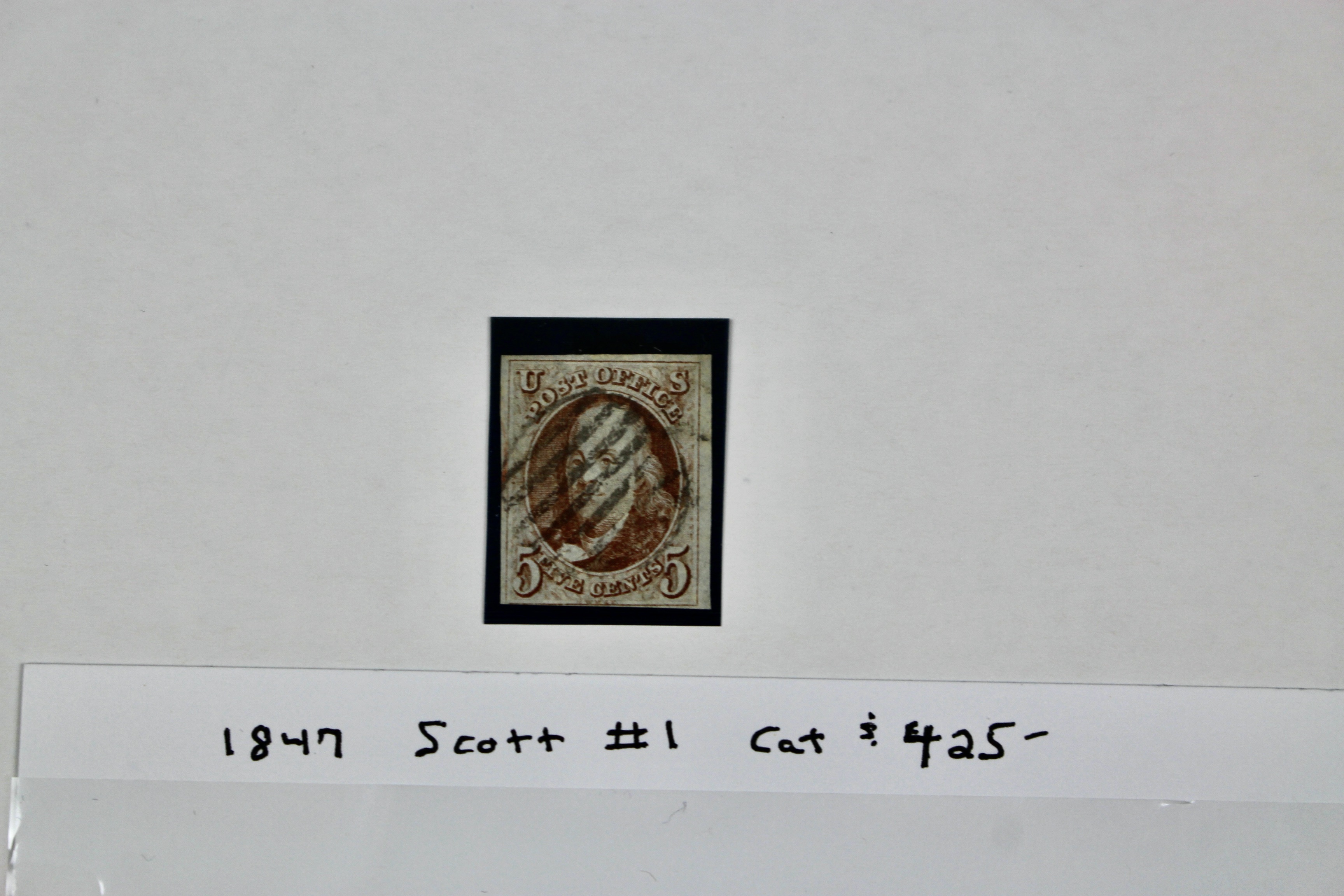 1847 5-Cent Franklin Postage Stamp, Scott #1, Oldest U.S. Stamp