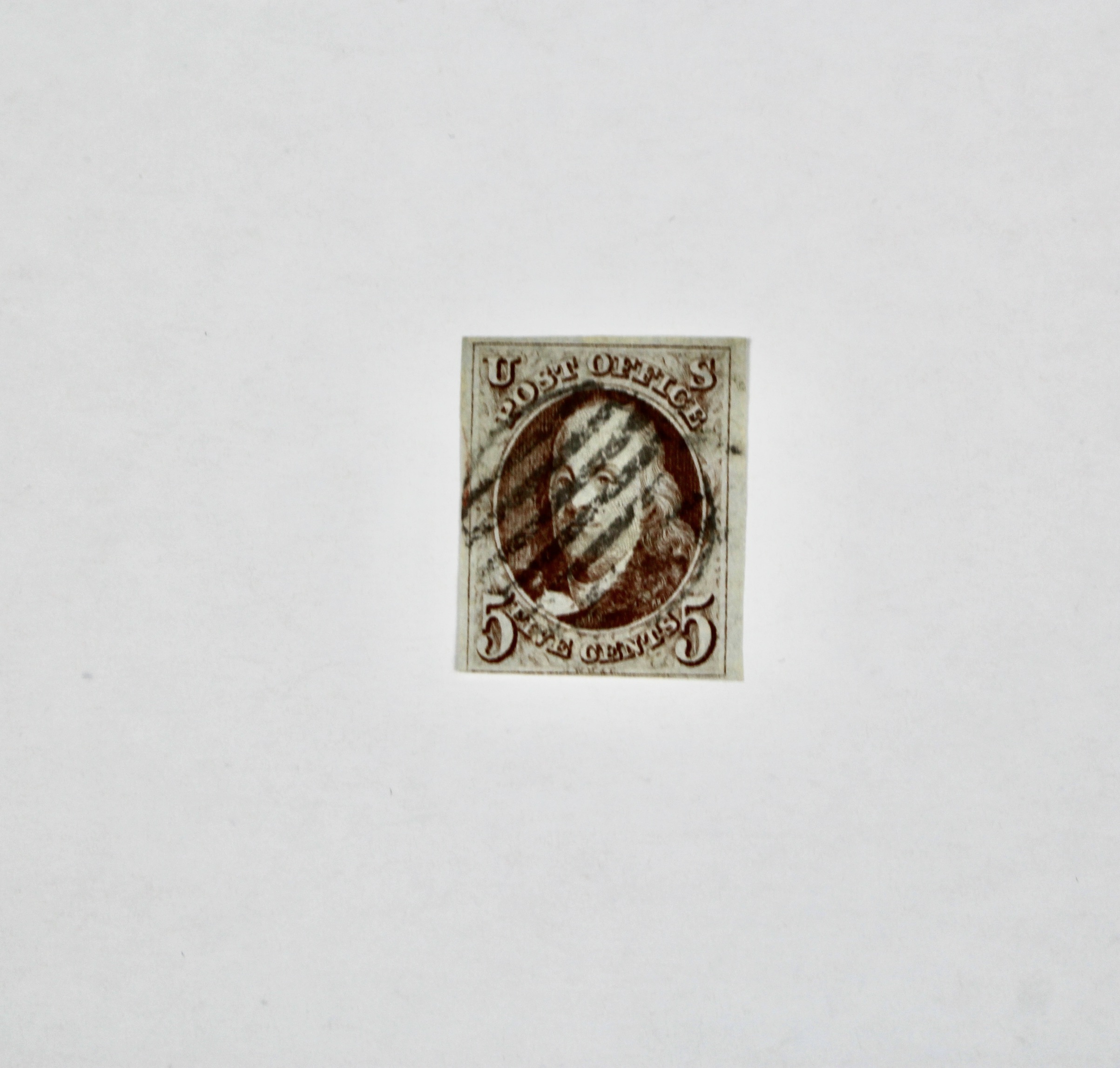 1847 5-Cent Franklin Postage Stamp, Scott #1, Oldest U.S. Stamp