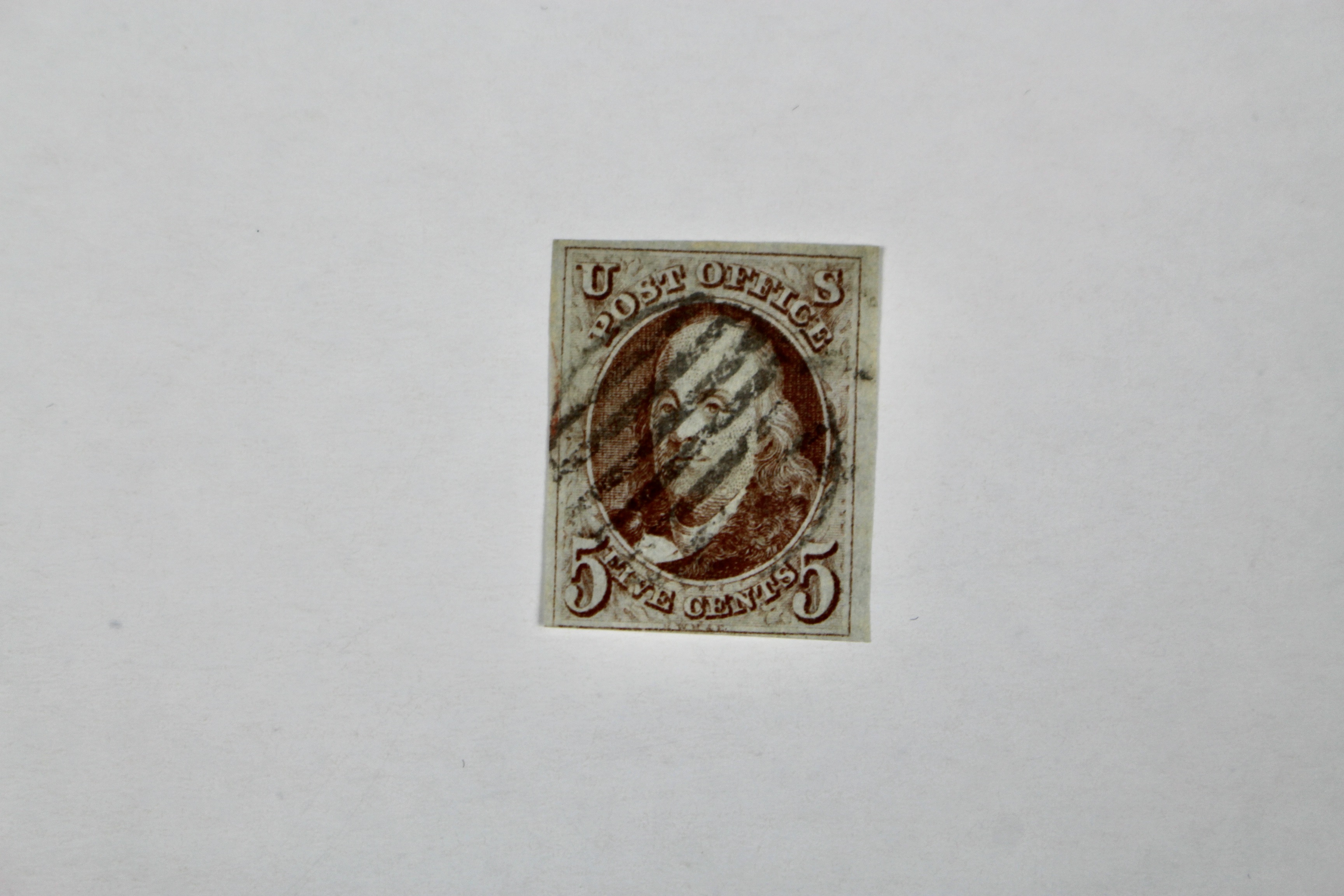 1847 5-Cent Franklin Postage Stamp, Scott #1, Oldest U.S. Stamp