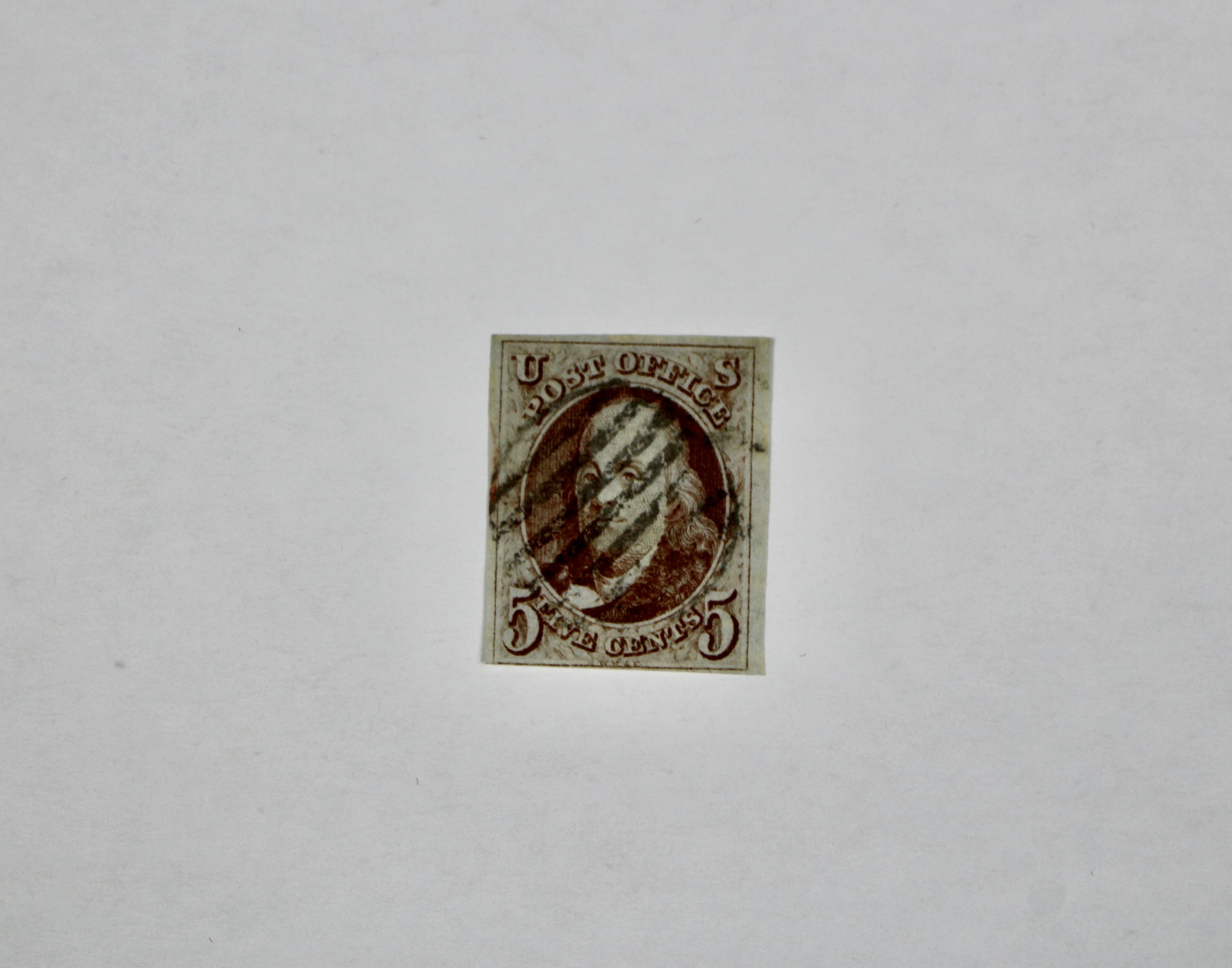 1847 5-Cent Franklin Postage Stamp, Scott #1, Oldest U.S. Stamp
