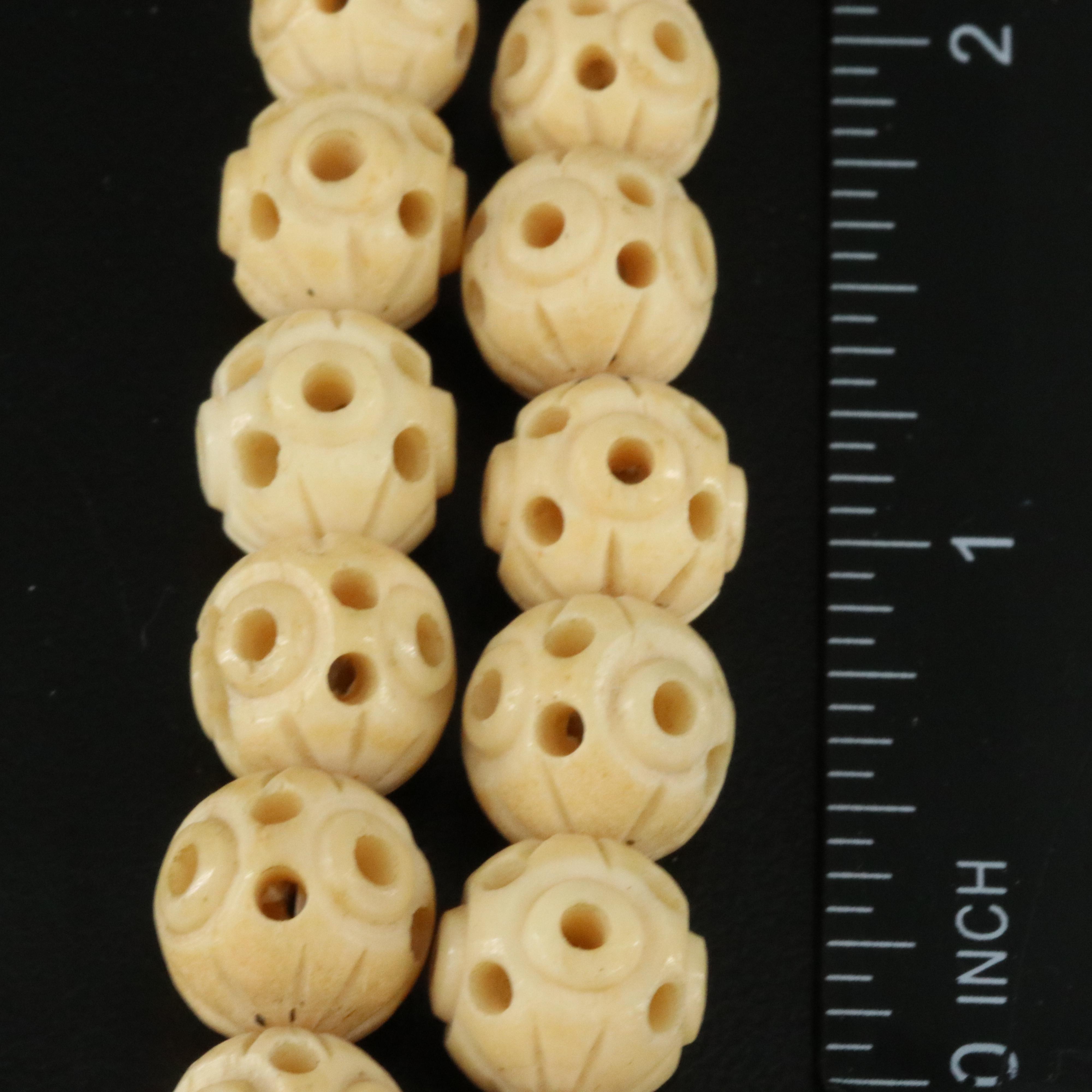 Vintage Graduated Carved Bone Necklace with 14K Clasp