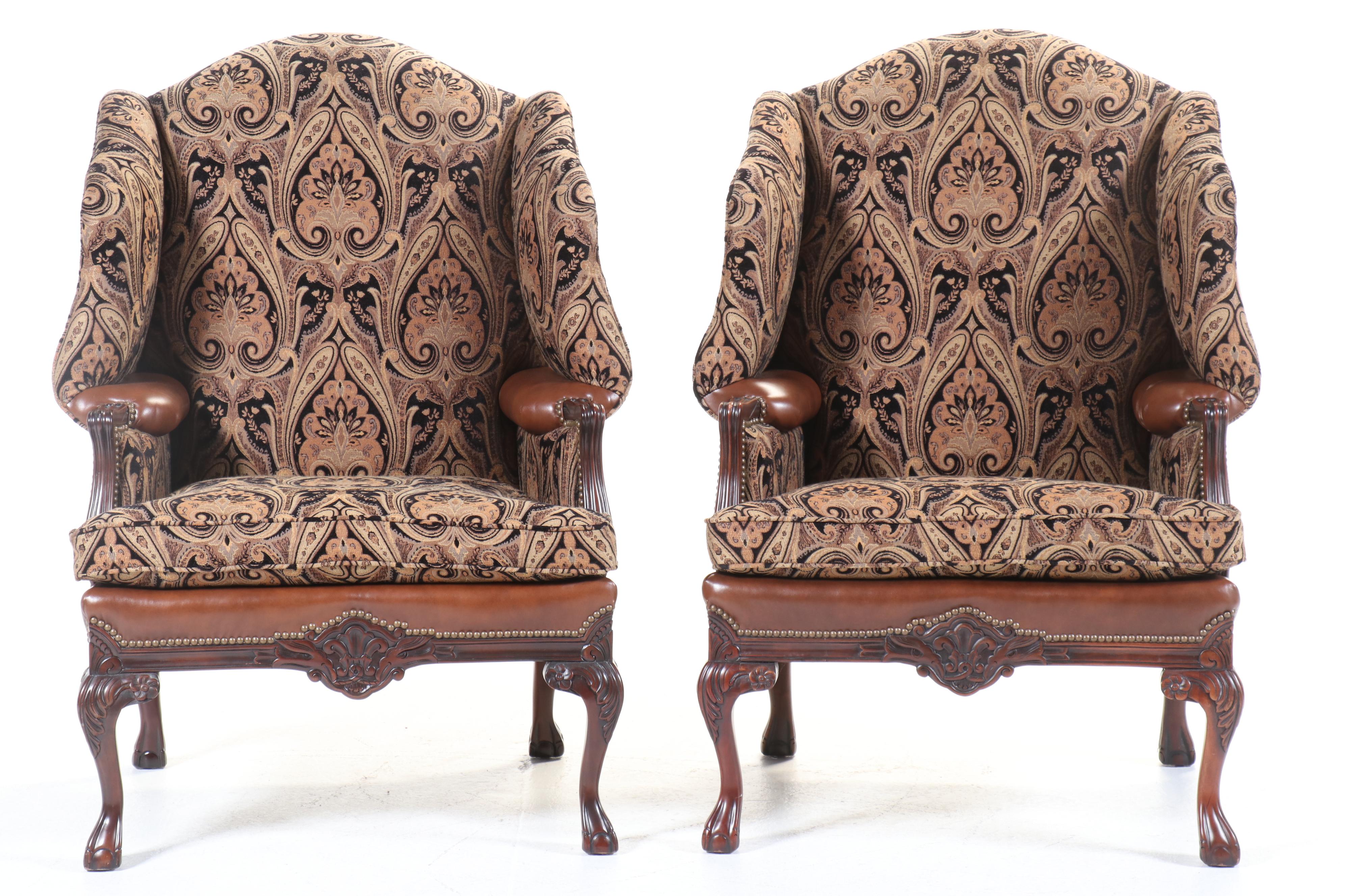 Pair of King Hickory Chippendale Style Leather Combo Wingback Armchairs