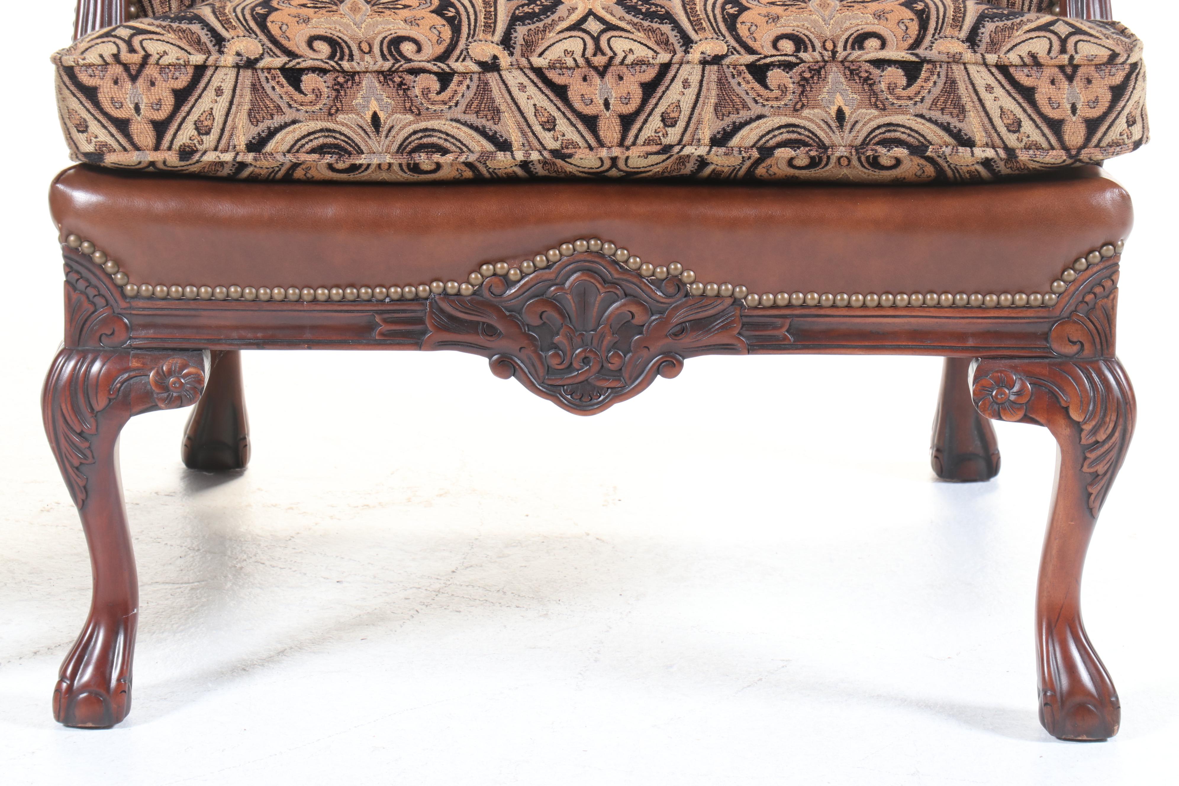 Pair of King Hickory Chippendale Style Leather Combo Wingback Armchairs