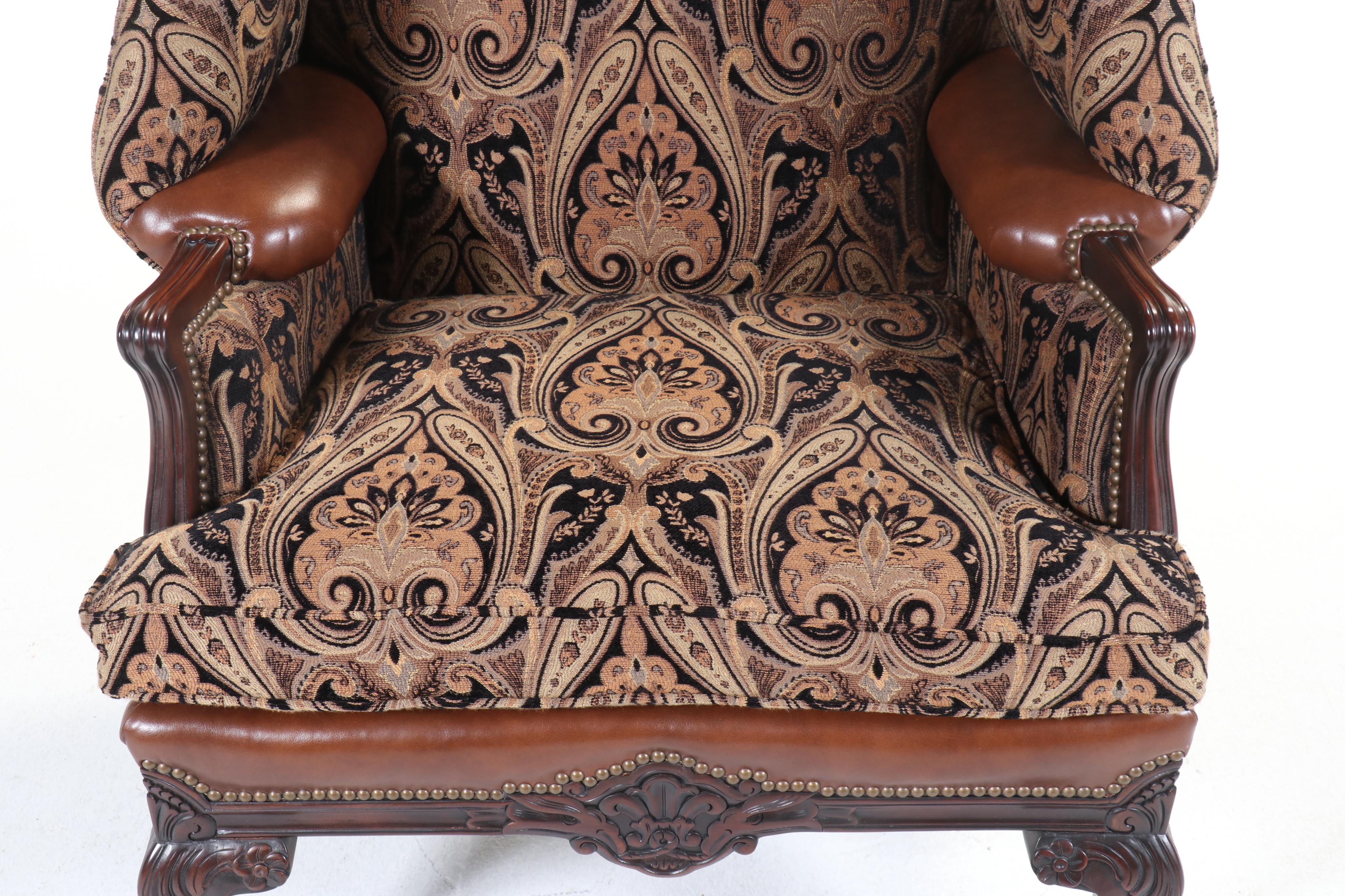 Pair of King Hickory Chippendale Style Leather Combo Wingback Armchairs