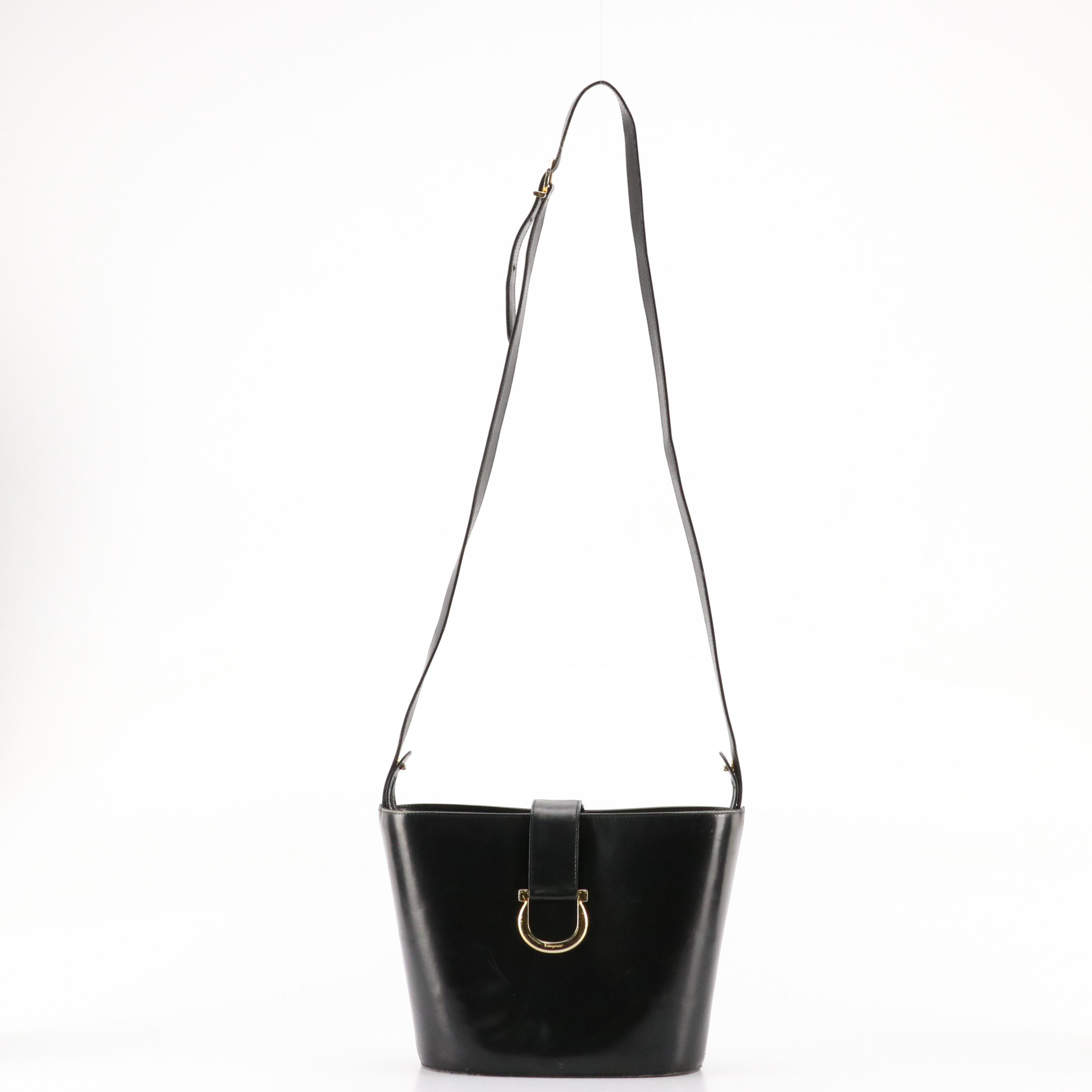 Salvatore Ferragamo Gancini-Flap Zippered Bucket Bag in Black Calfskin Leather