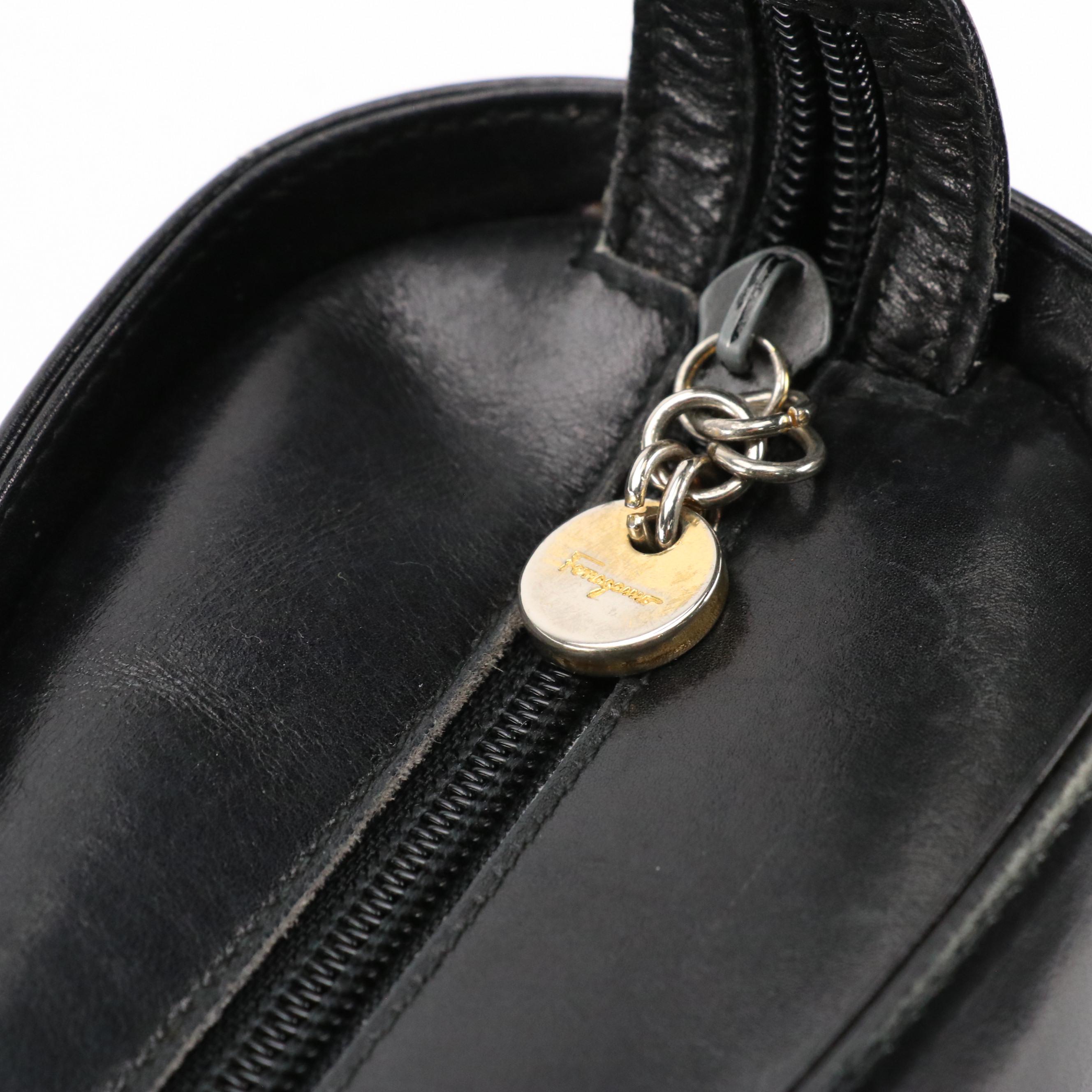 Salvatore Ferragamo Gancini-Flap Zippered Bucket Bag in Black Calfskin Leather