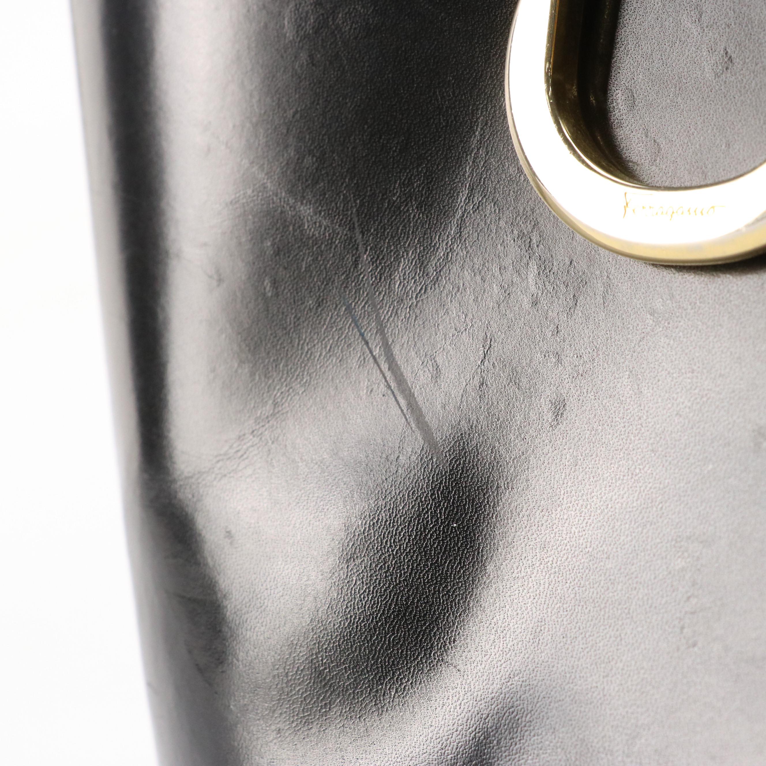 Salvatore Ferragamo Gancini-Flap Zippered Bucket Bag in Black Calfskin Leather