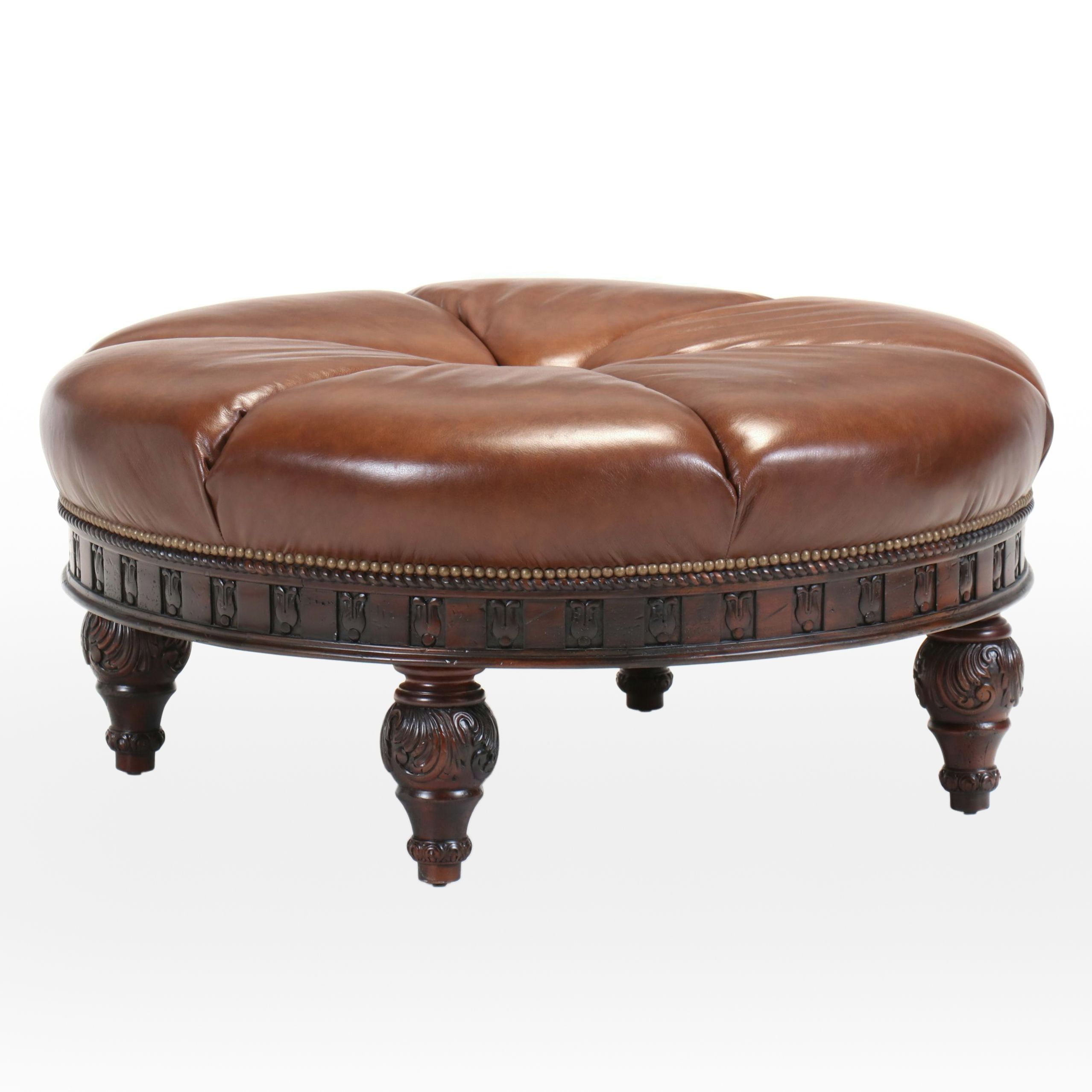 King Hickory Neoclassical Style Button-Tufted Leather Cocktail Ottoman