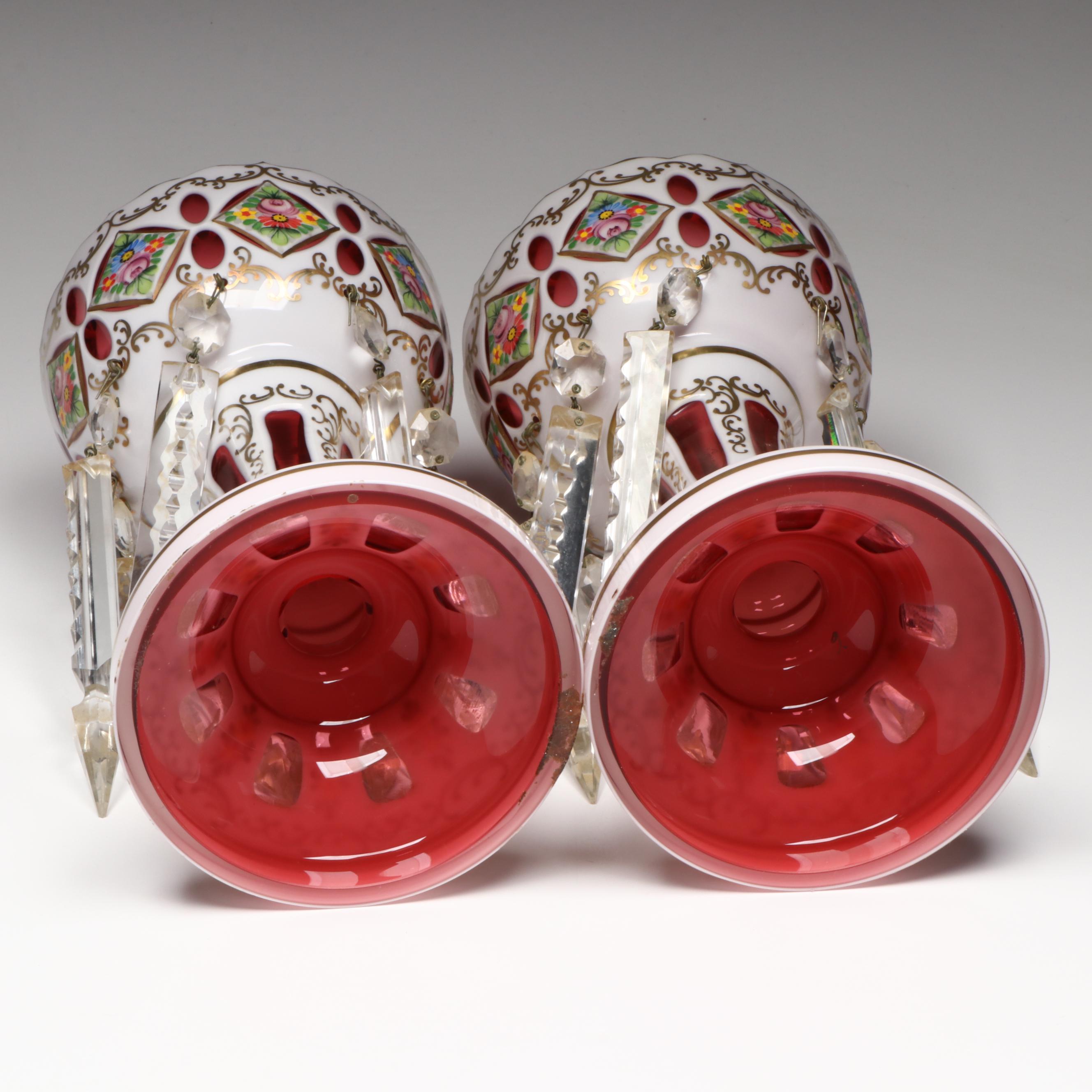 Pair of Bohemian White Cased Cut tor Ruby Mantel Lusters
