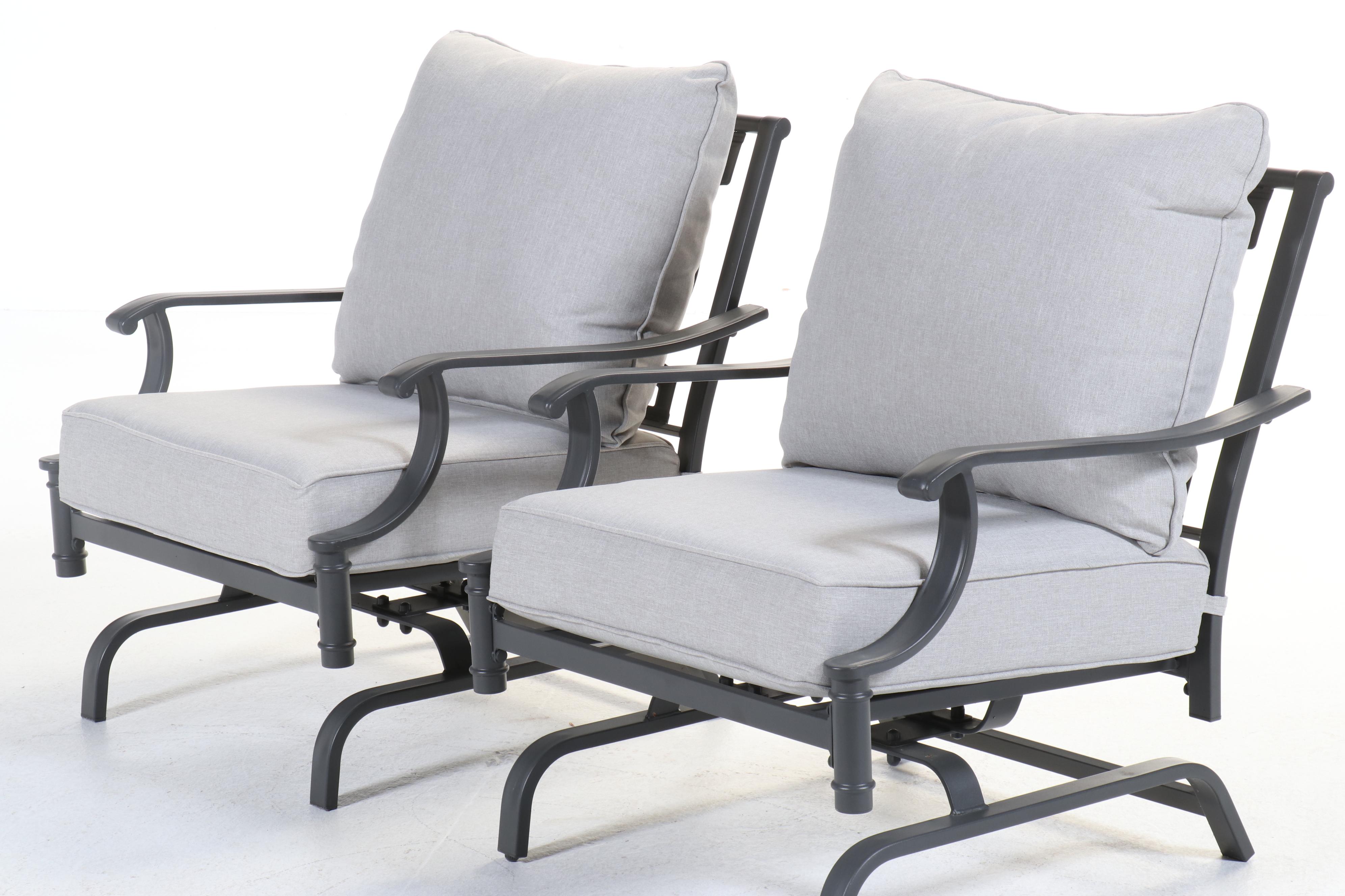 Pair of Contemporary Cast Metal Patio Armchairs with Cushions