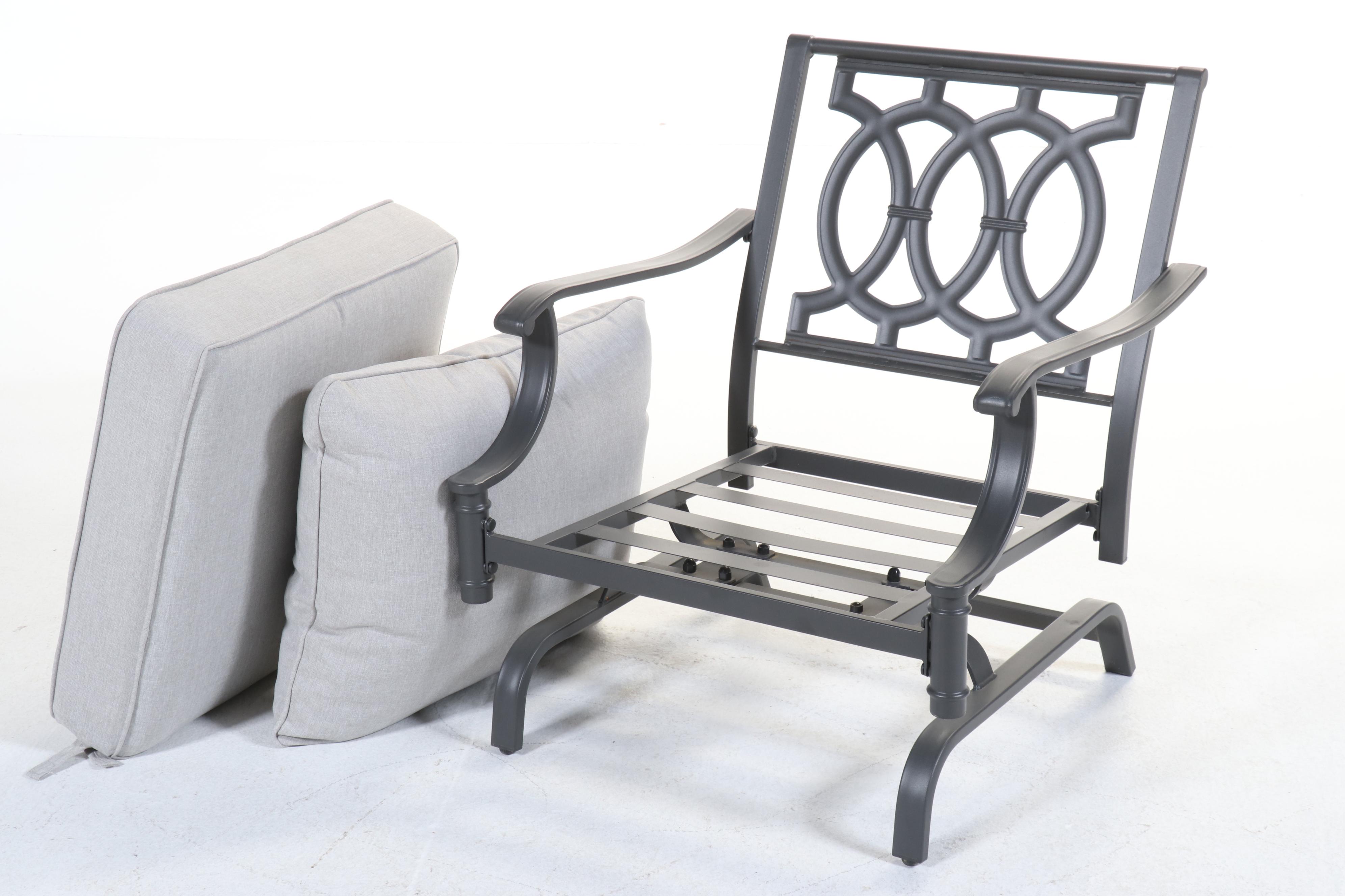Pair of Contemporary Cast Metal Patio Armchairs with Cushions
