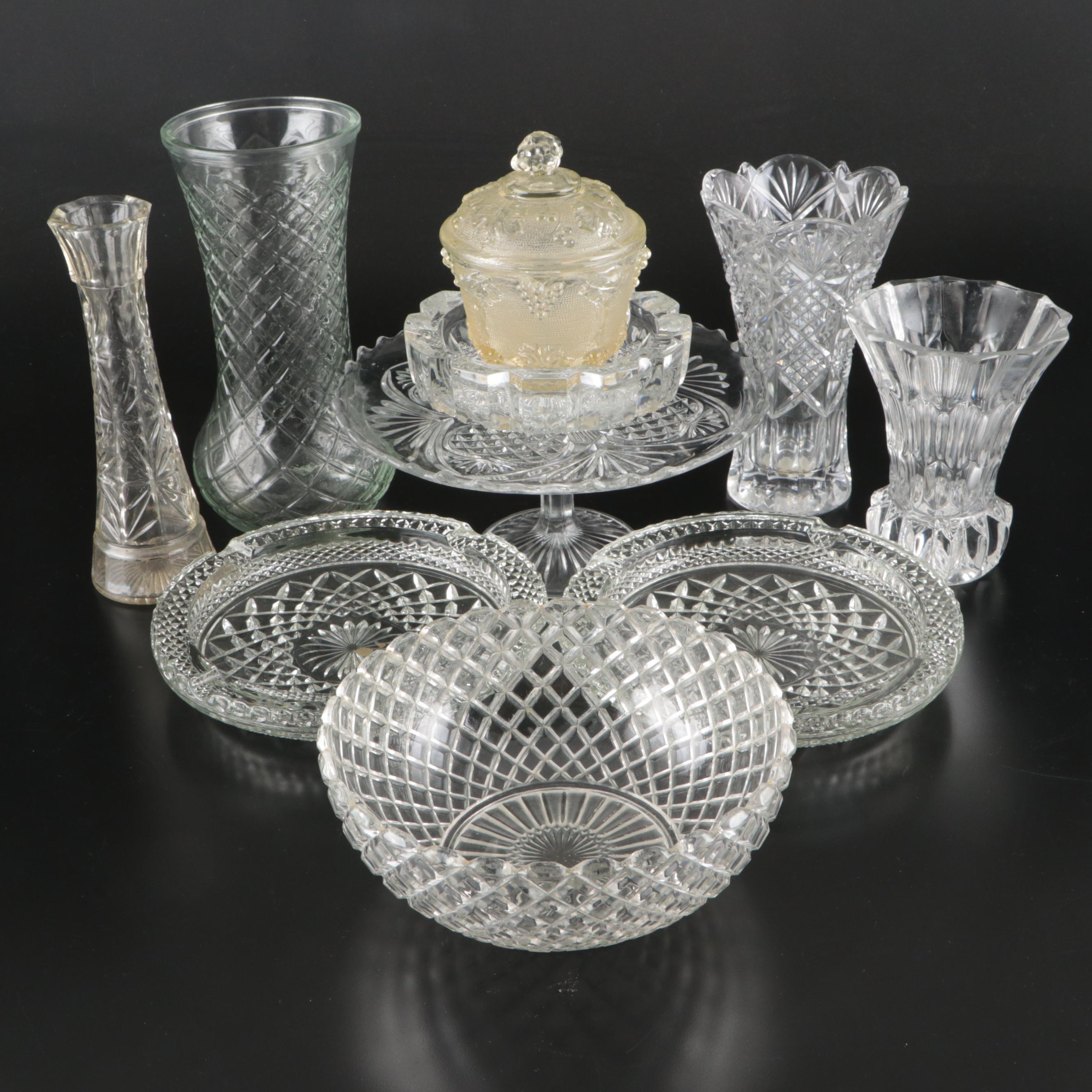 Gorham Fine Crystal Vase with Pineapple and Fan Cake Stand and Other Tableware