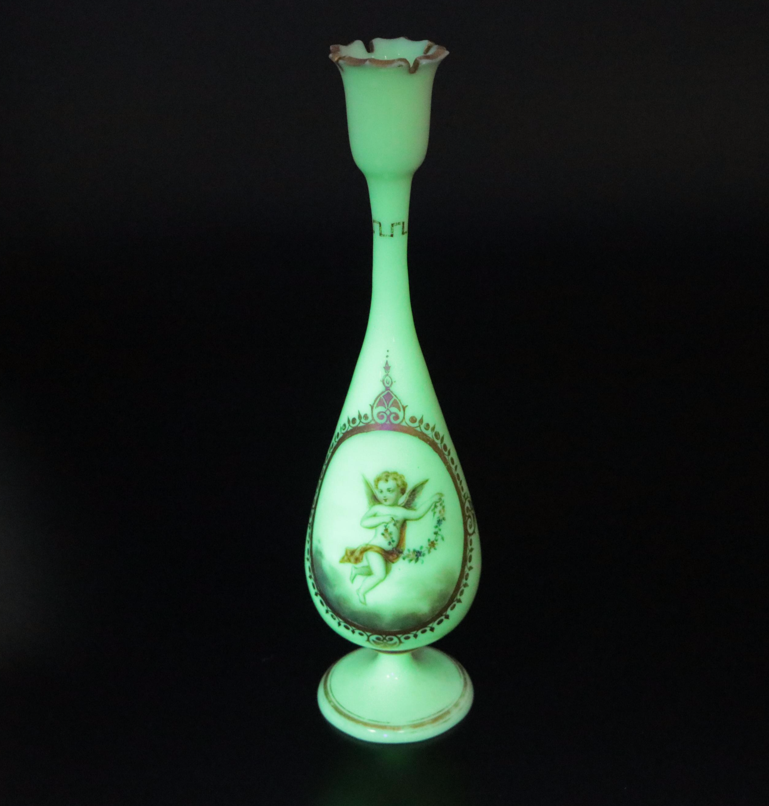 European Hand-Painted Uranium Glass Vase with Fenton Floral Vase