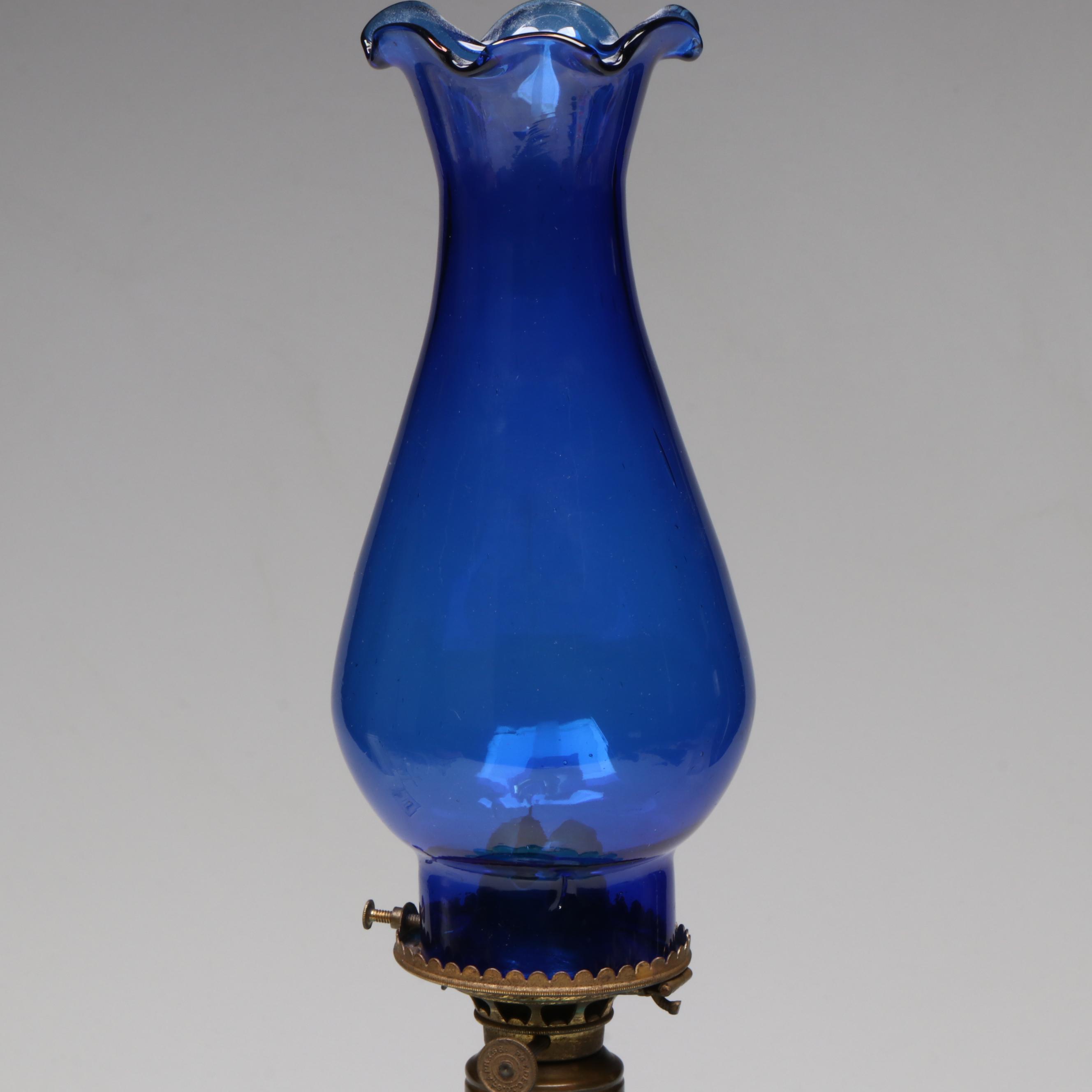 Sandwich Glass Tulip Kerosene Lamp with Milk Glass Base, Late 19th Century