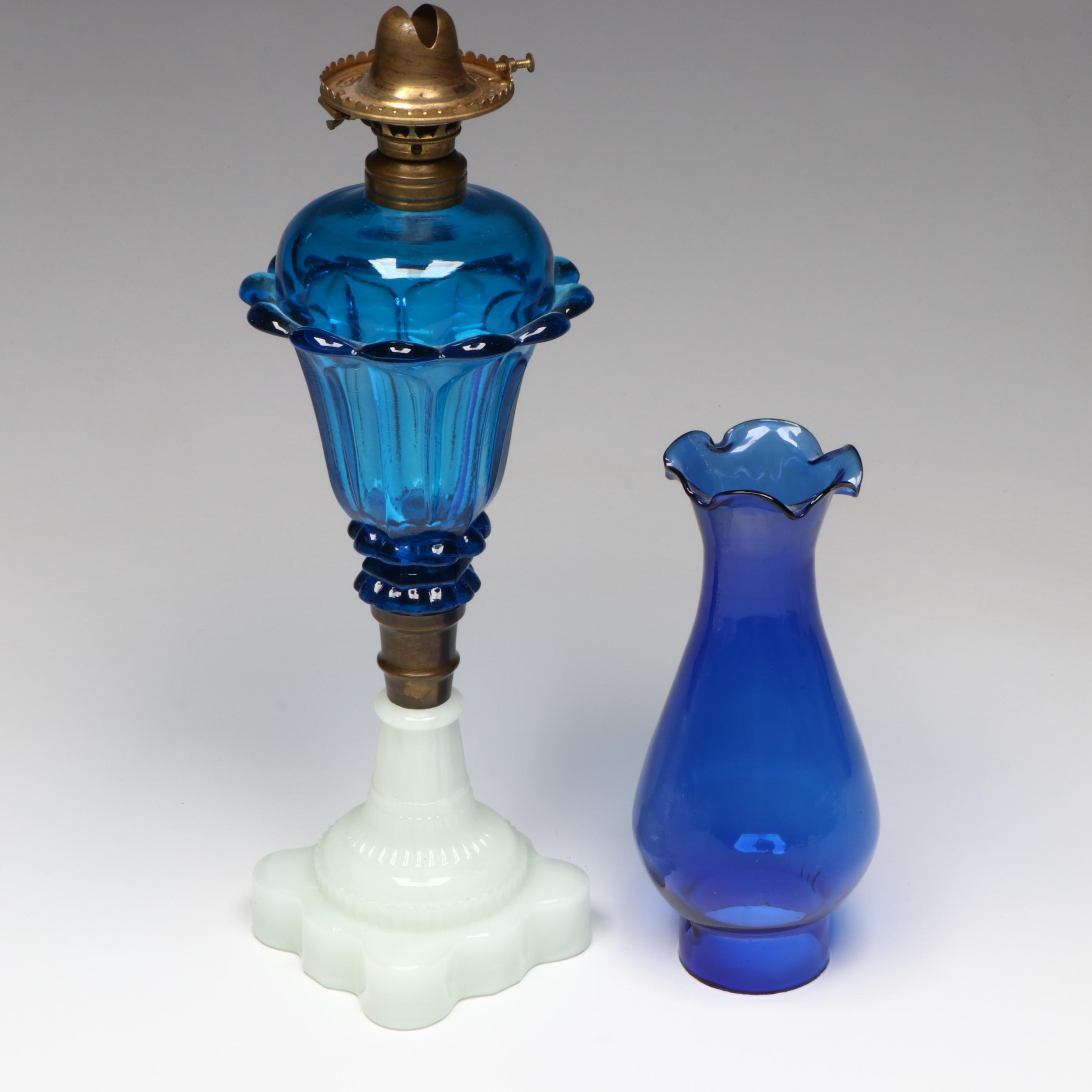 Sandwich Glass Tulip Kerosene Lamp with Milk Glass Base, Late 19th Century