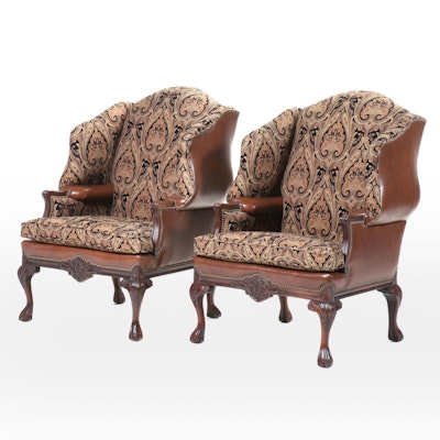 Pair of King Hickory Chippendale Style Leather Combo Wingback Armchairs Pair of King Hickory Chippendale Style Leather Combo Wingback Armchairs