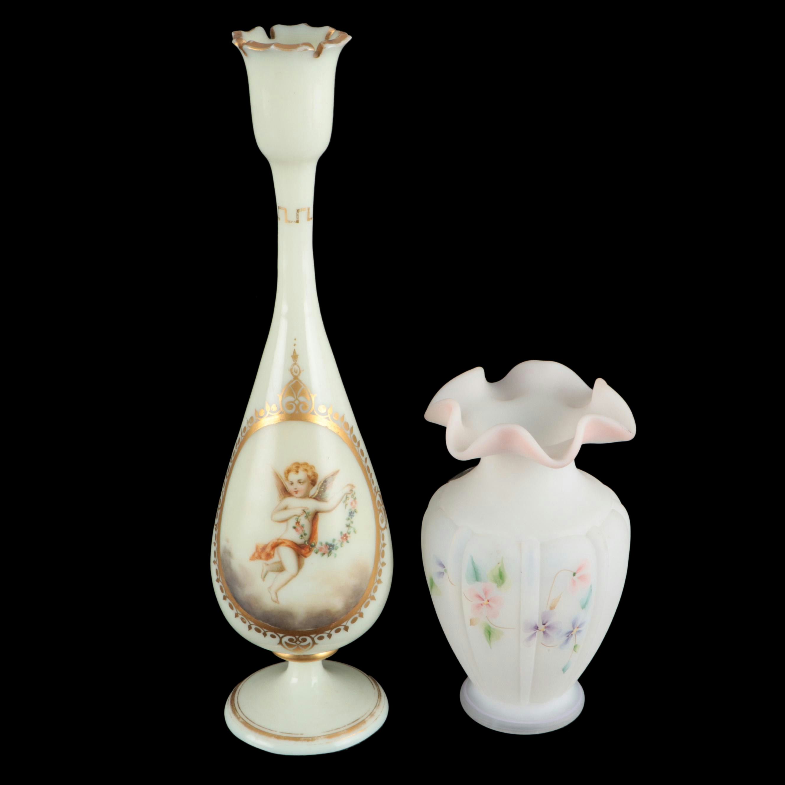 European Hand-Painted Uranium Glass Vase with Fenton Floral Vase