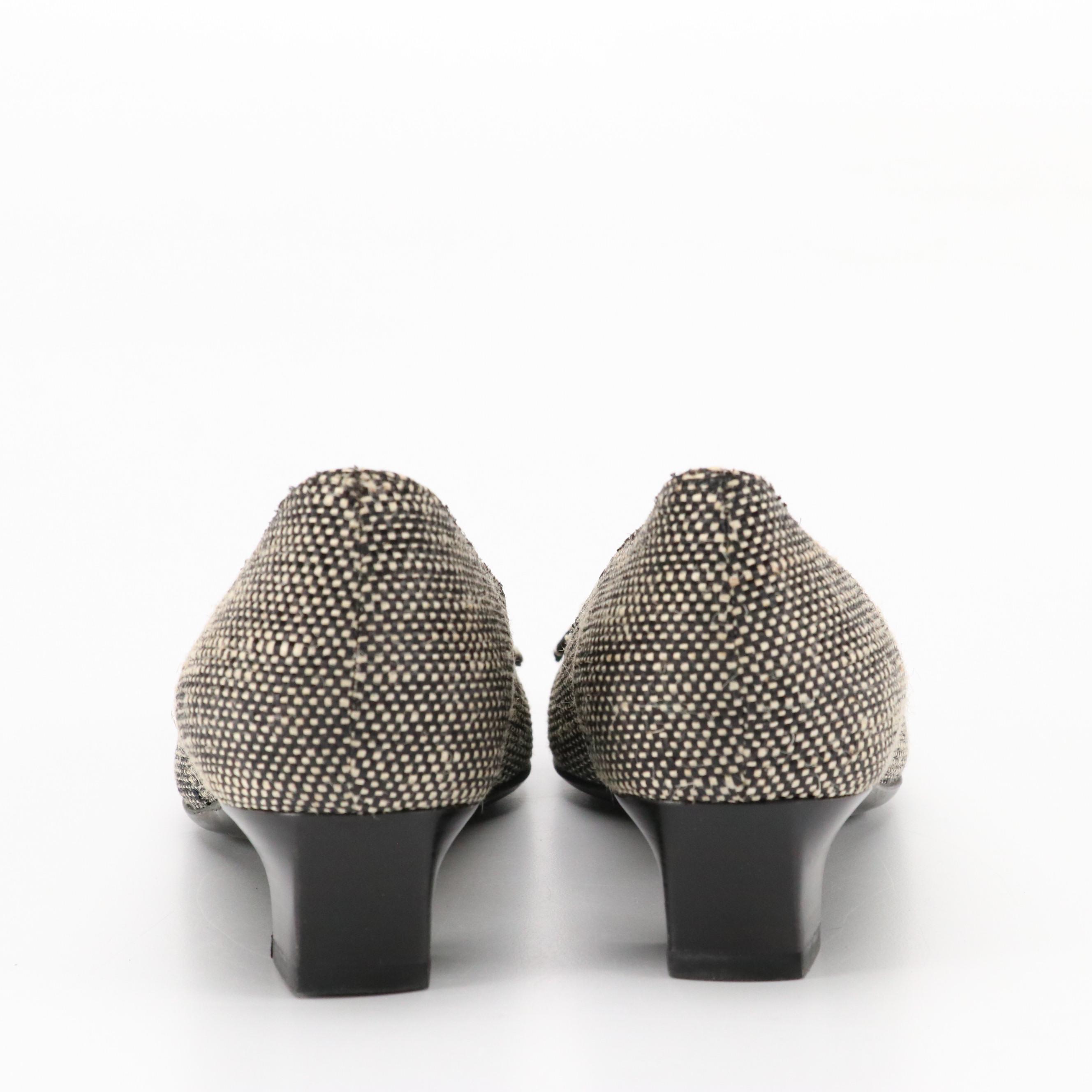 Salvatore Ferragamo B&W Woven Square-Toe Kitten Heels in Box