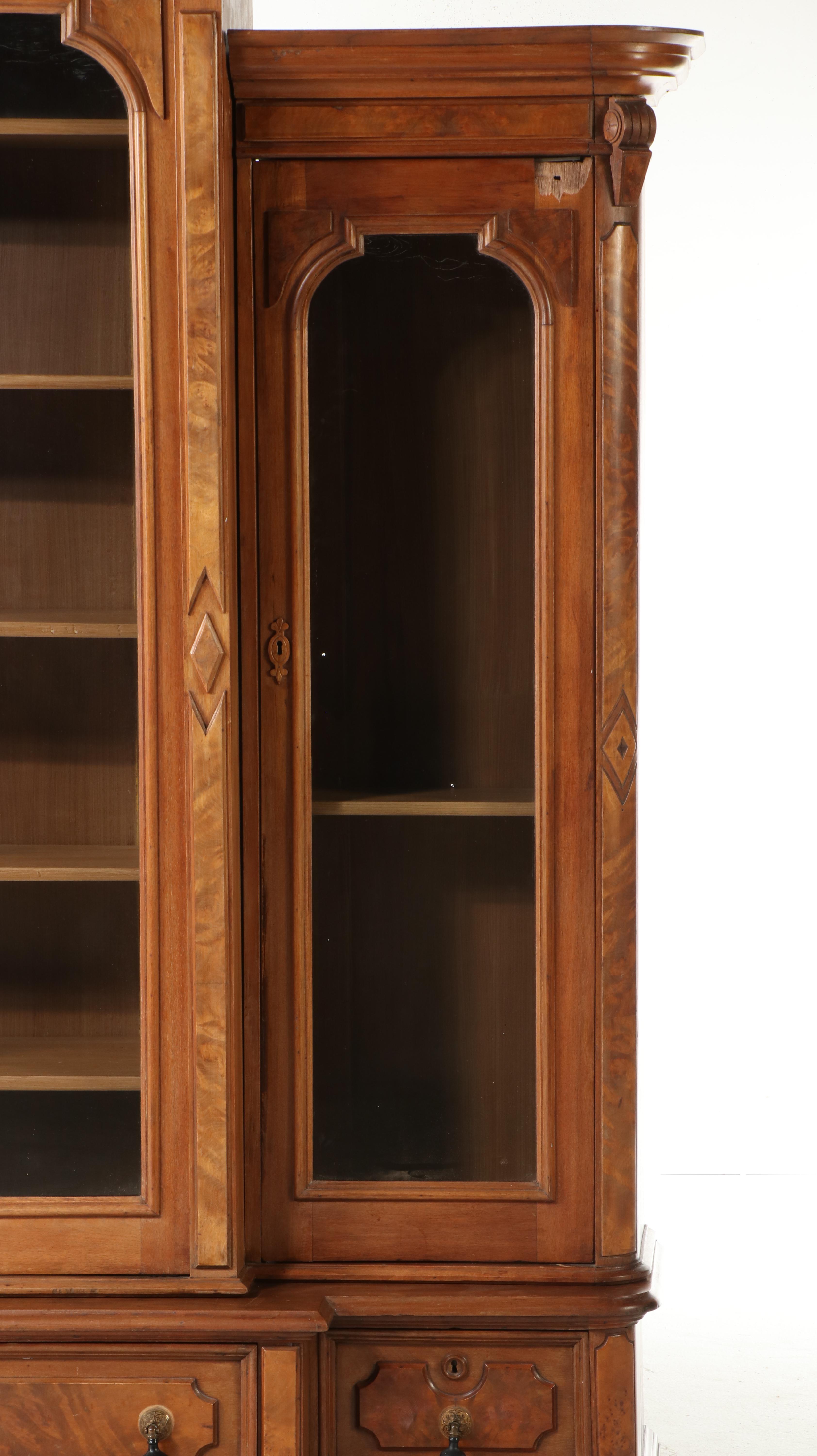 Victorian Walnut and Burl Wood Breakfront Bookcase, 19th Century