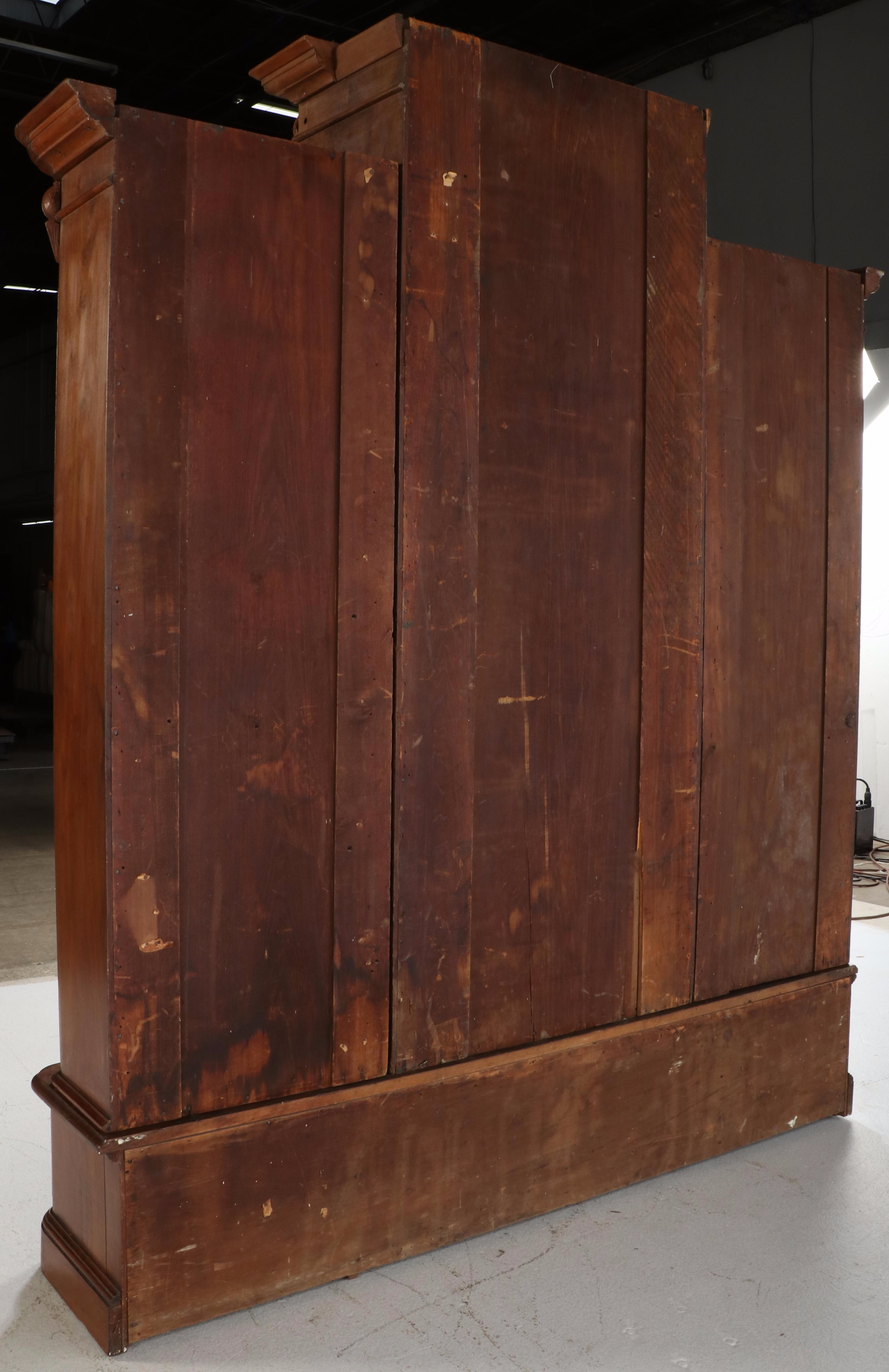Victorian Walnut and Burl Wood Breakfront Bookcase, 19th Century