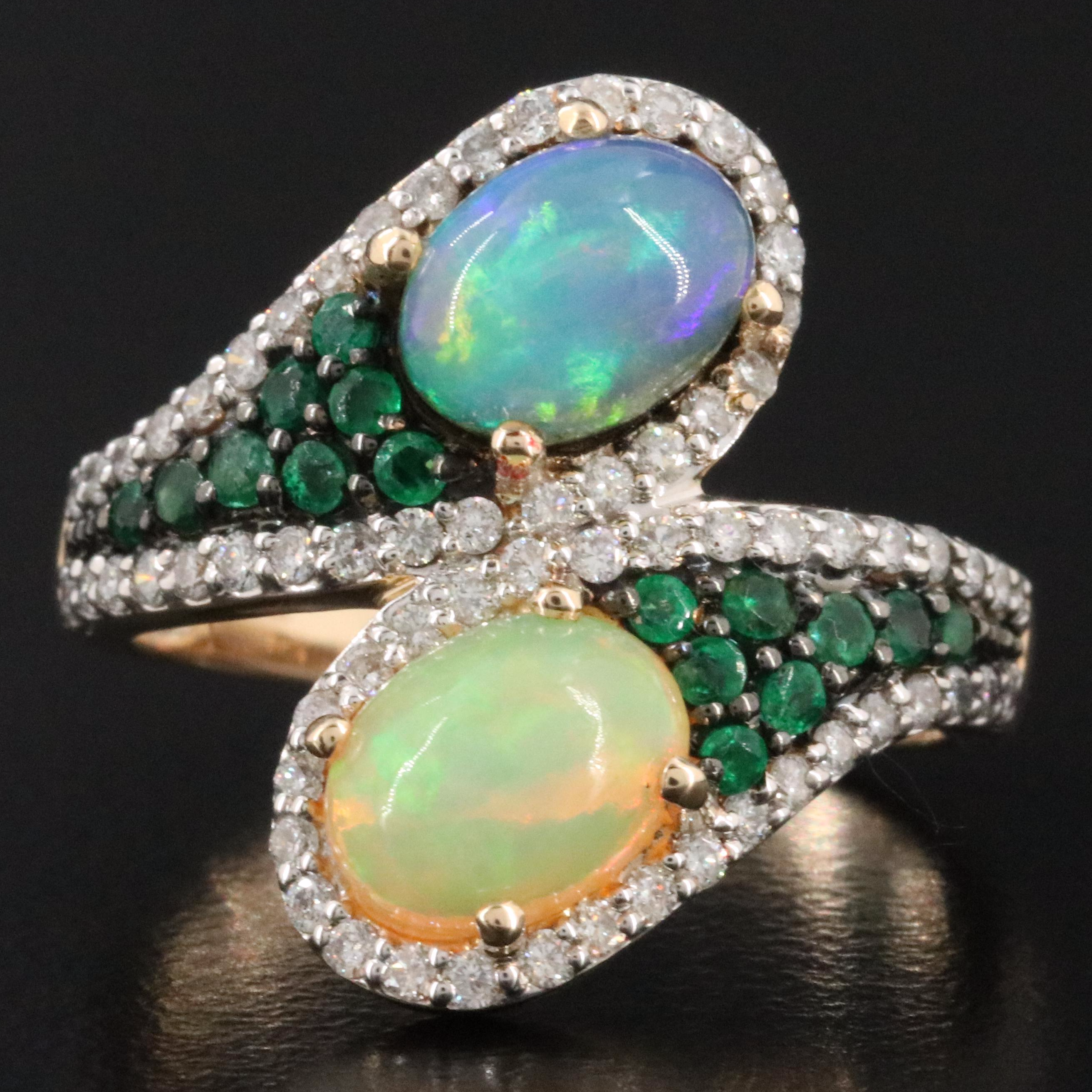 14K Opal, Emerald and Diamond Ring