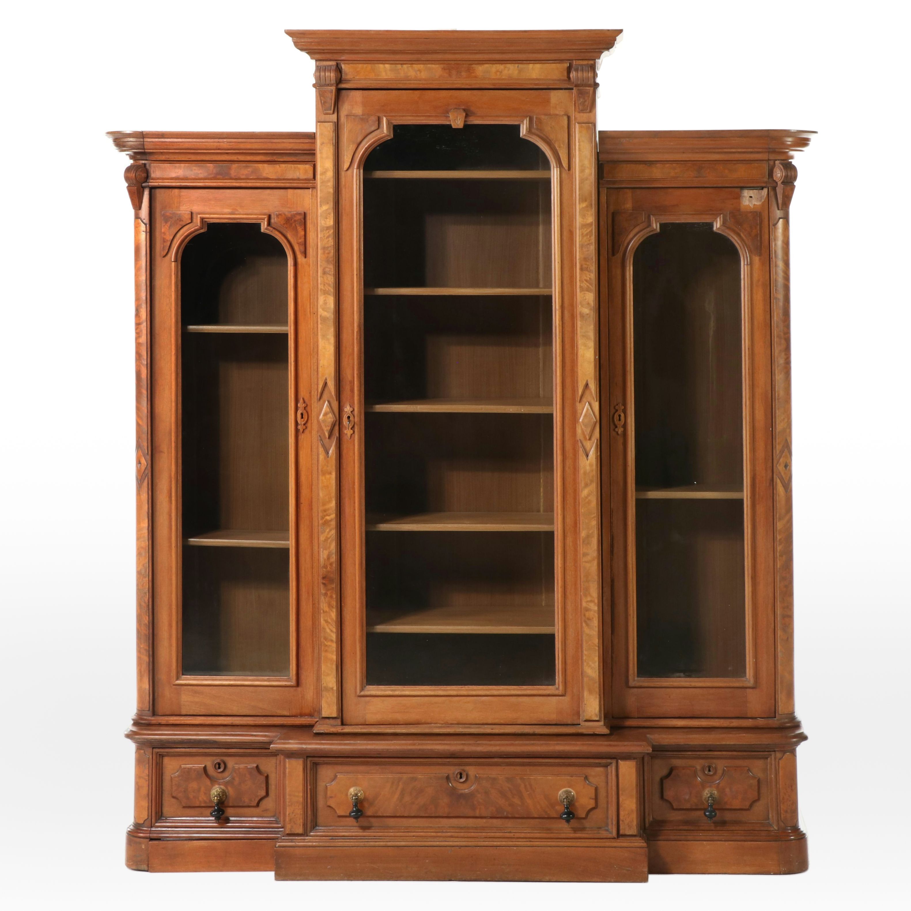 Victorian Walnut and Burl Wood Breakfront Bookcase, 19th Century