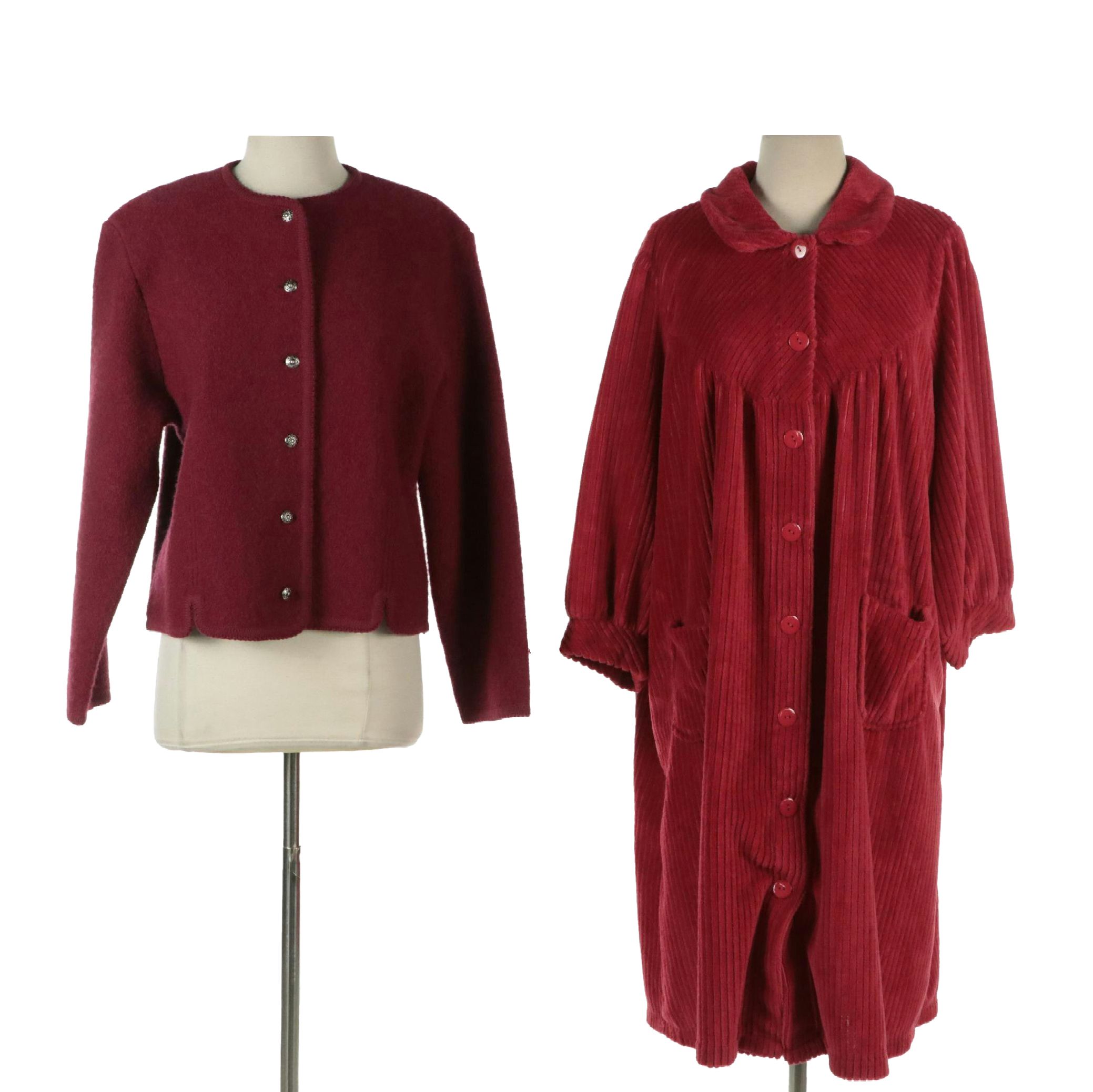 Orvis Cherry Red Wool Cropped Jacket & Collections Etc. Ribbed Fleece Robe Coat