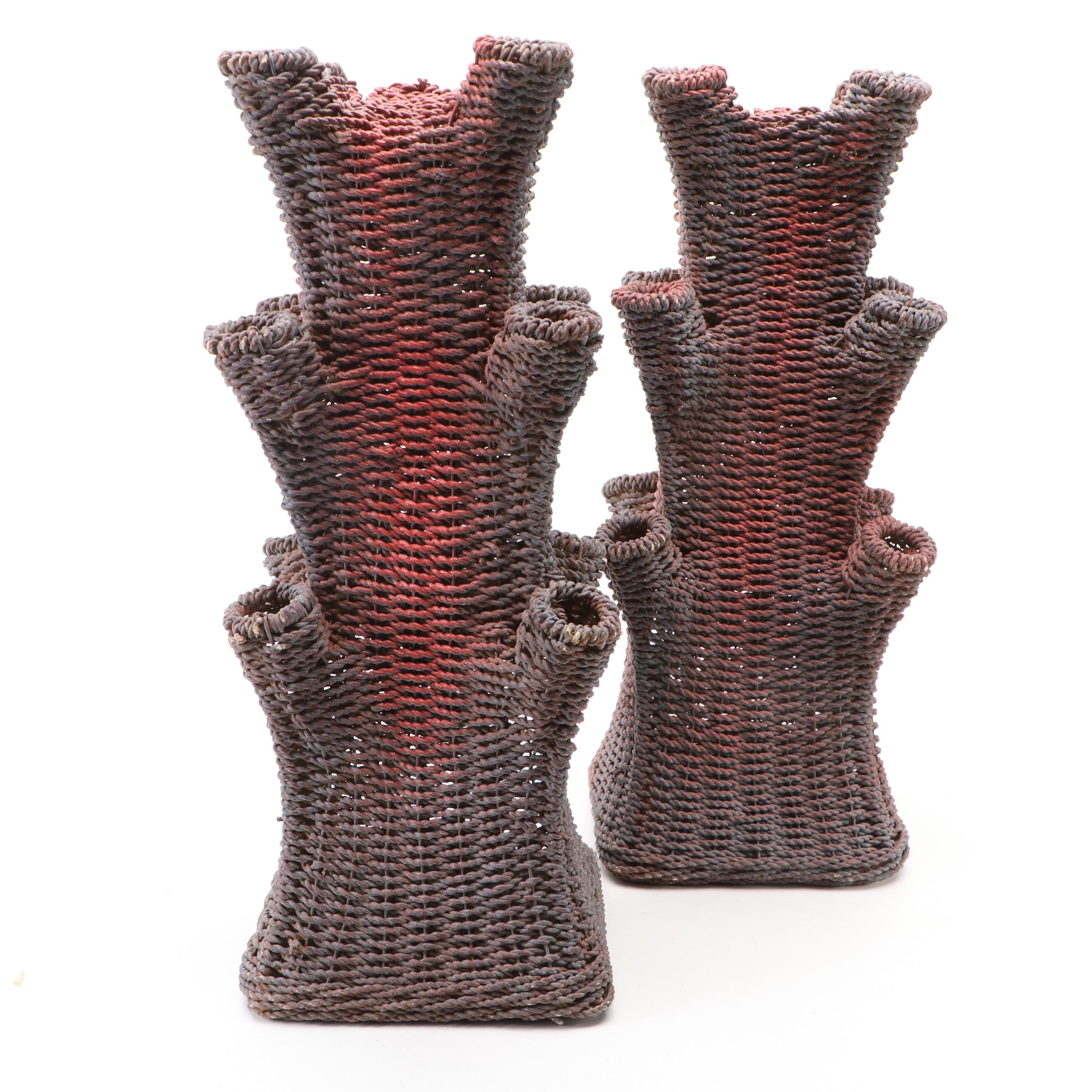 Pair of Painted Paper Rush Wicker Tulipieres