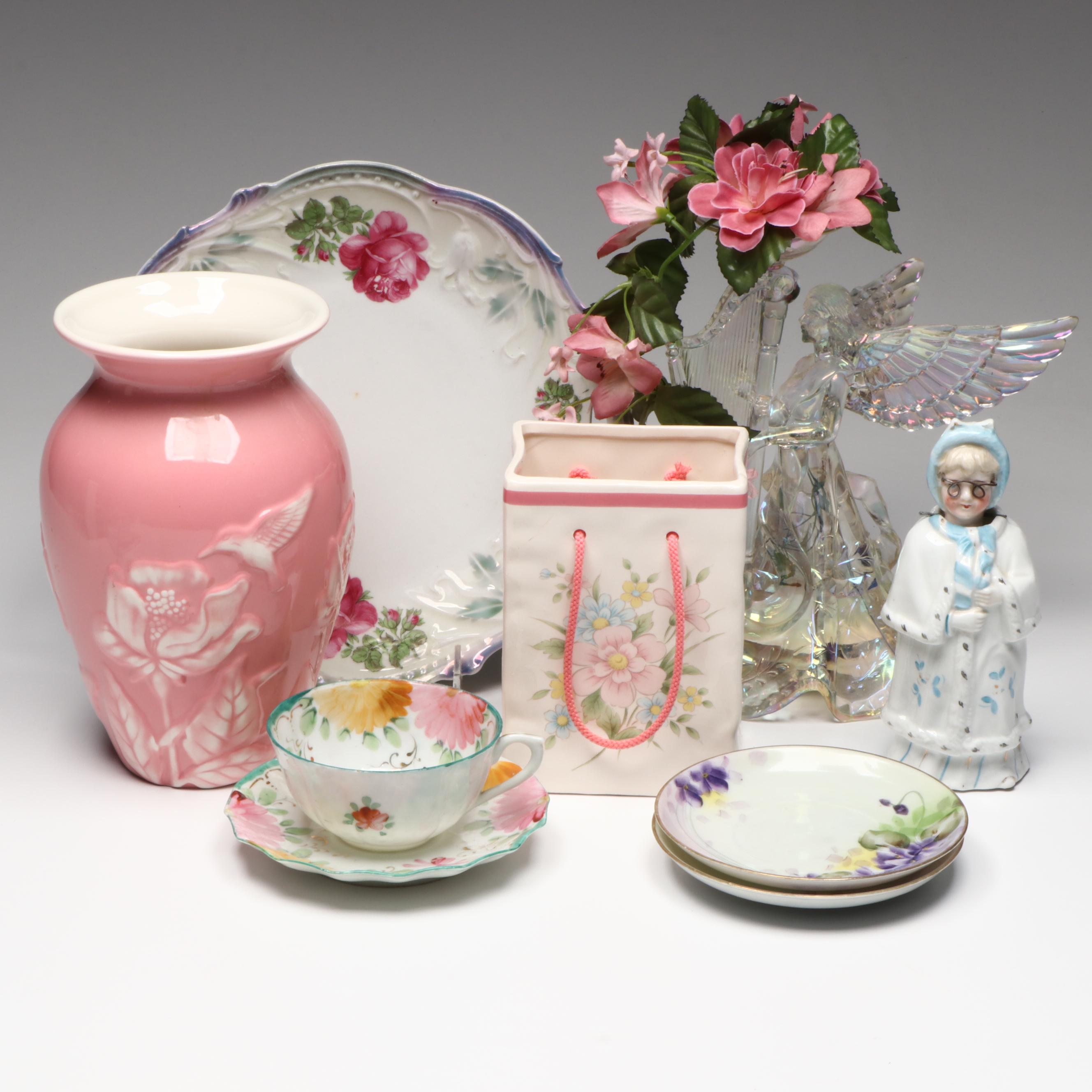 Teleflora Gifts Ceramic Vase, Nippon Porcelain Saucers, and Other Table Décor