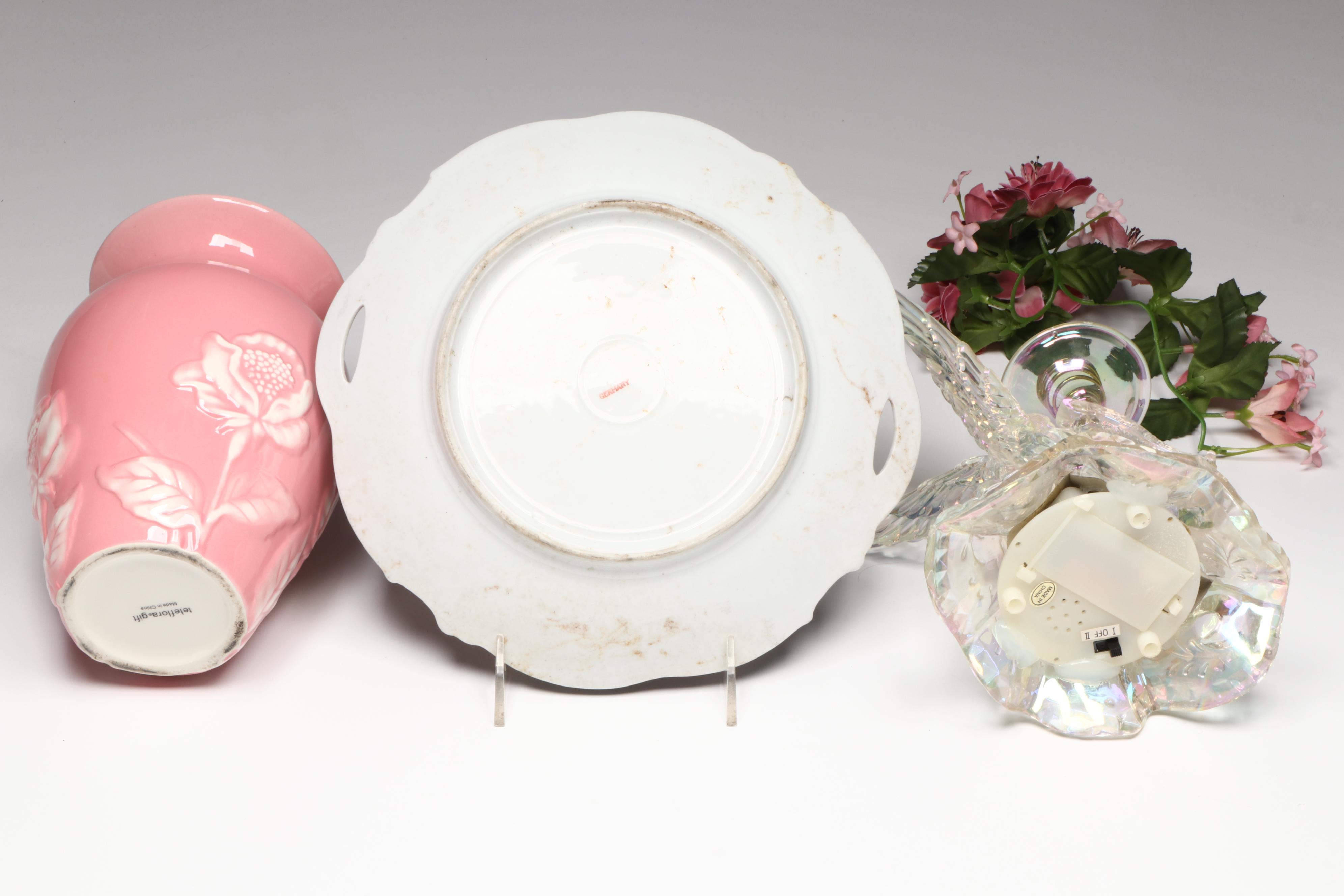 Teleflora Gifts Ceramic Vase, Nippon Porcelain Saucers, and Other Table Décor