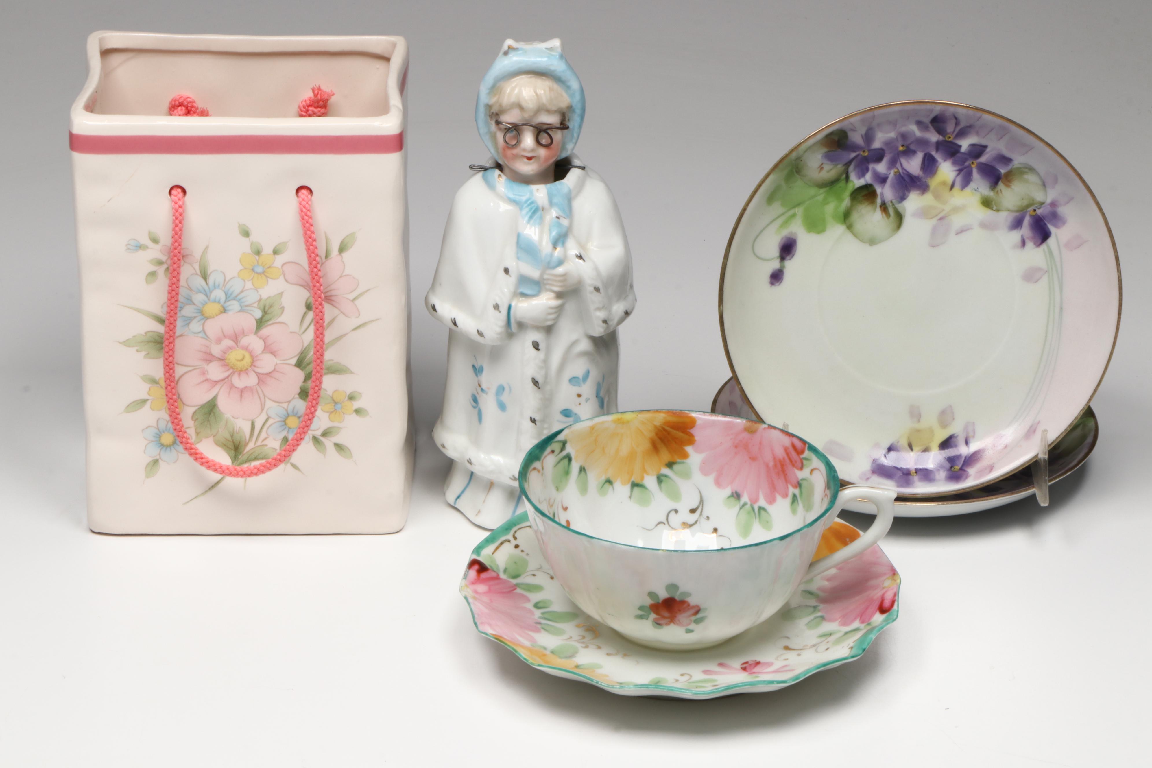Teleflora Gifts Ceramic Vase, Nippon Porcelain Saucers, and Other Table Décor