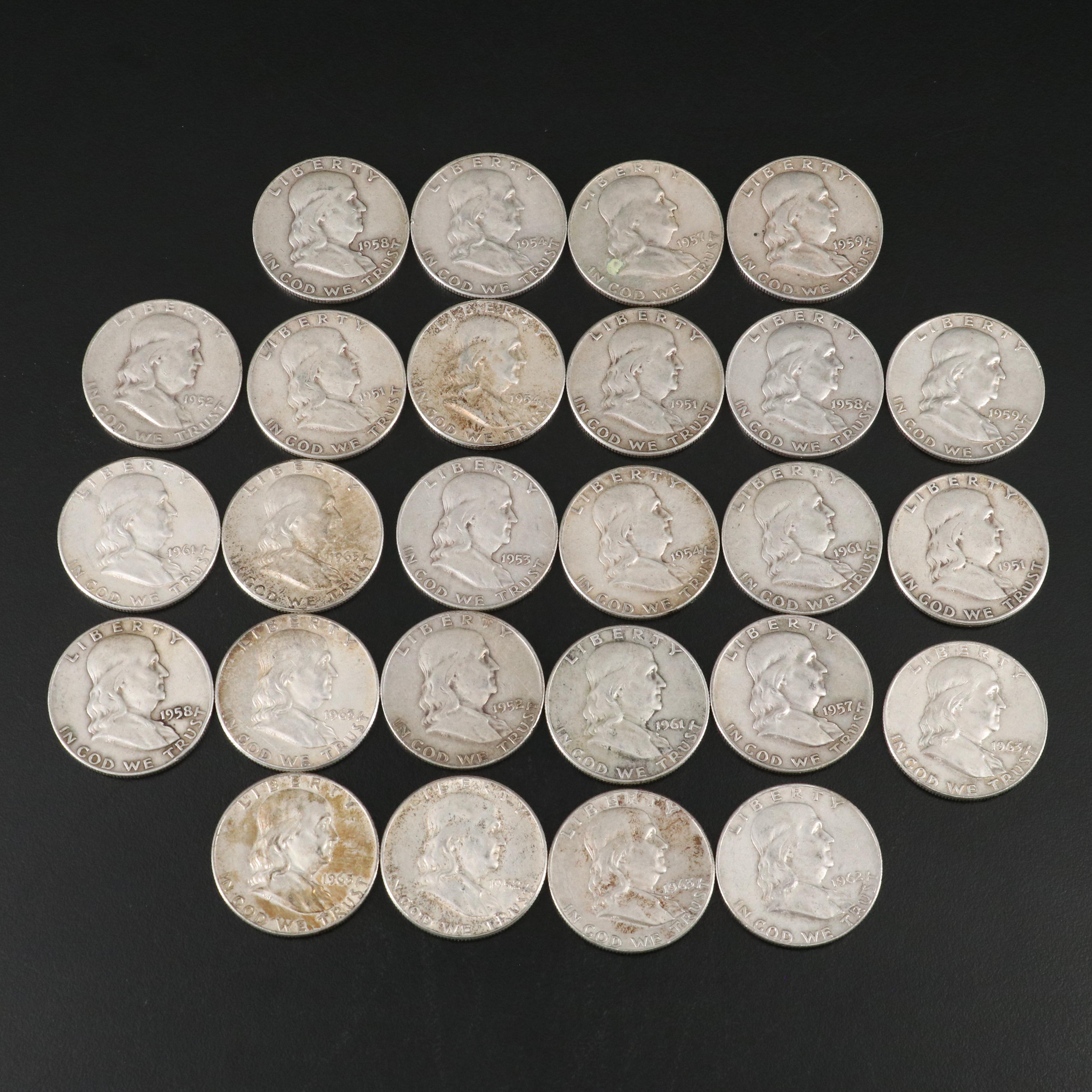 Twenty-Six Mixed Date, Franklin Silver Half Dollars