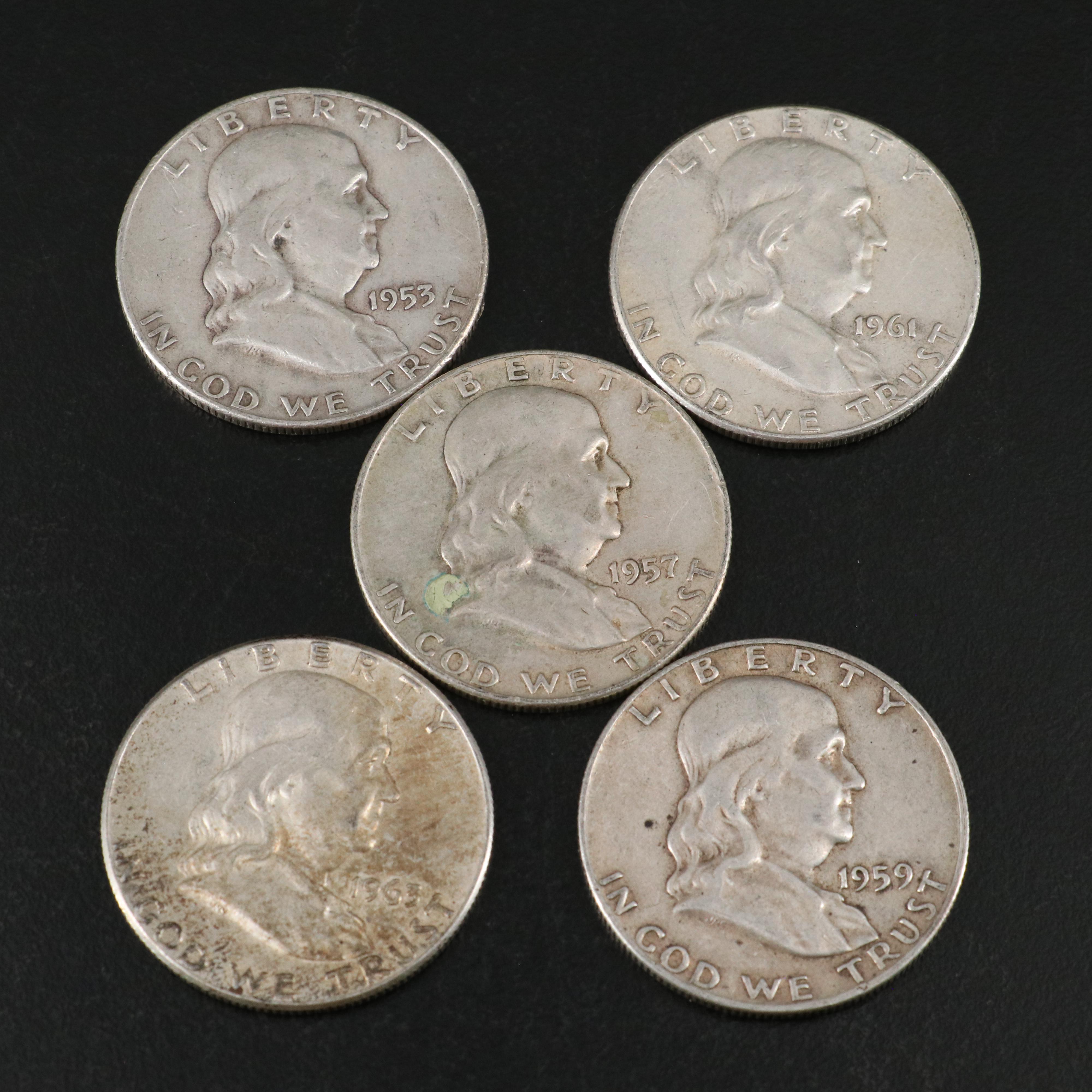 Twenty-Six Mixed Date, Franklin Silver Half Dollars