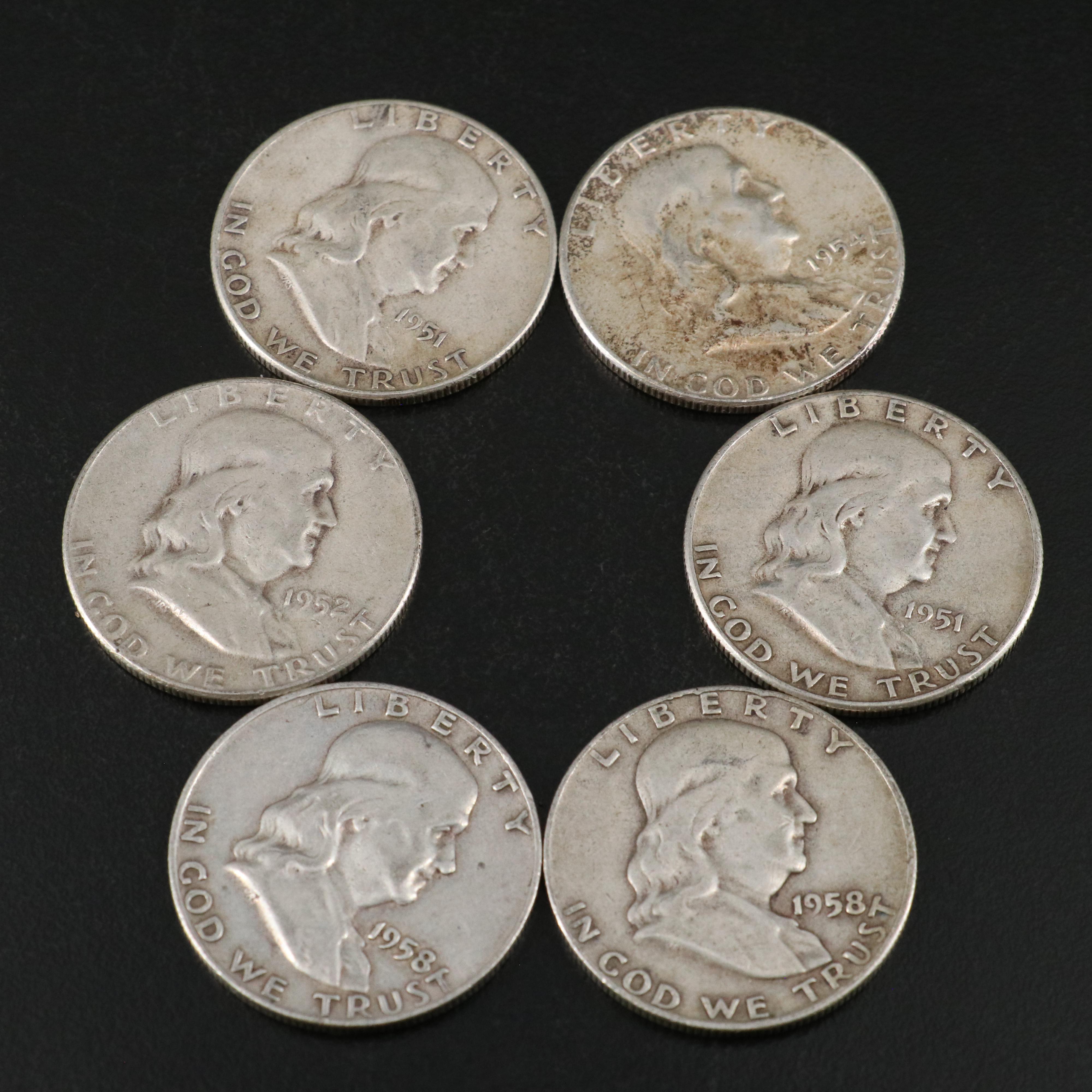 Twenty-Six Mixed Date, Franklin Silver Half Dollars