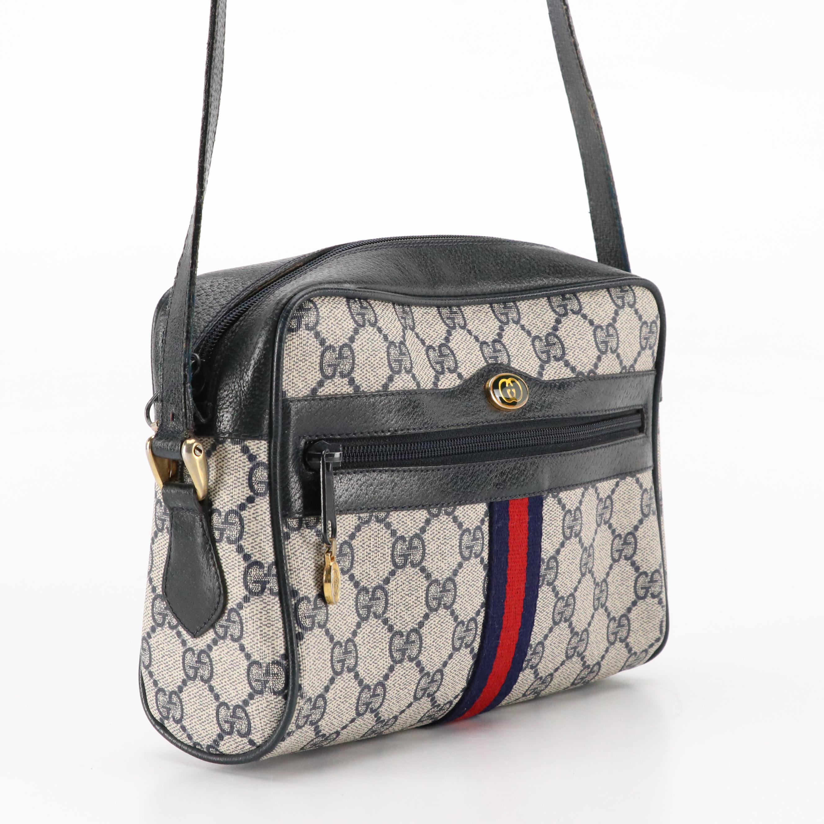 Gucci Accessory Collection GG Supreme Crossbody with Navy Cinghiale Leather Trim