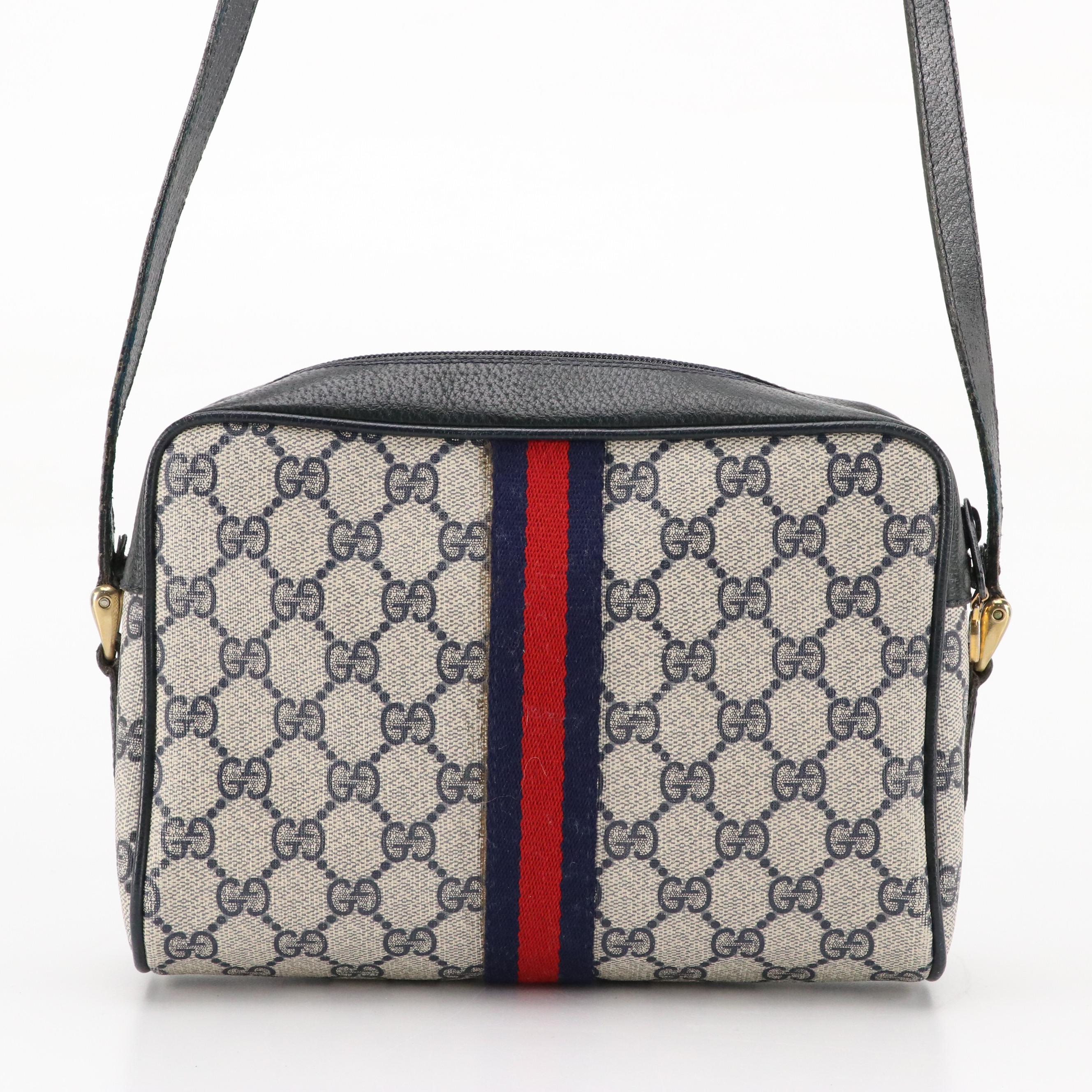 Gucci Accessory Collection GG Supreme Crossbody with Navy Cinghiale Leather Trim