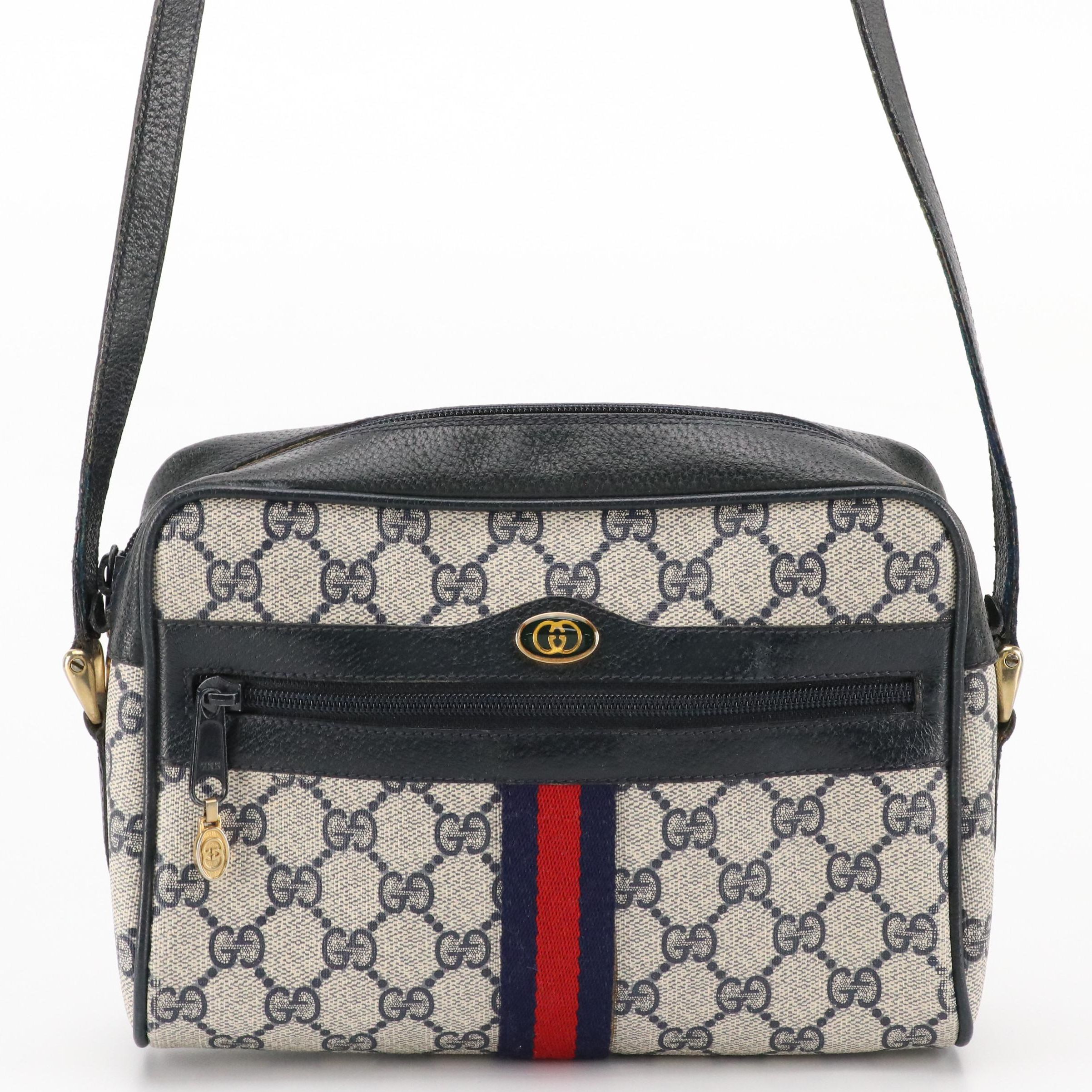 Gucci Accessory Collection GG Supreme Crossbody with Navy Cinghiale Leather Trim