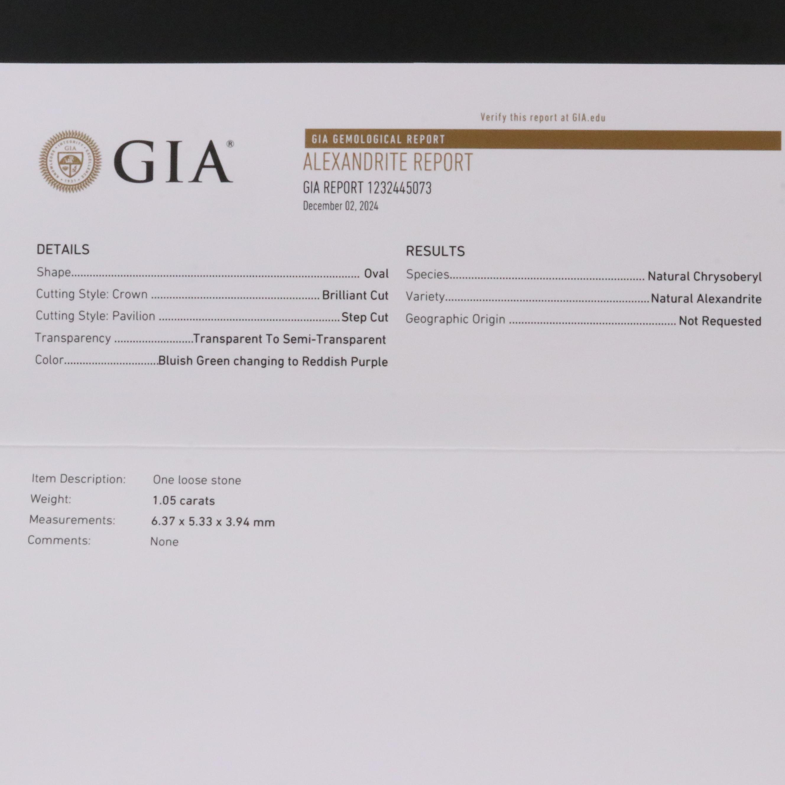 Loose 1.05 CT Alexandrite with GIA Report