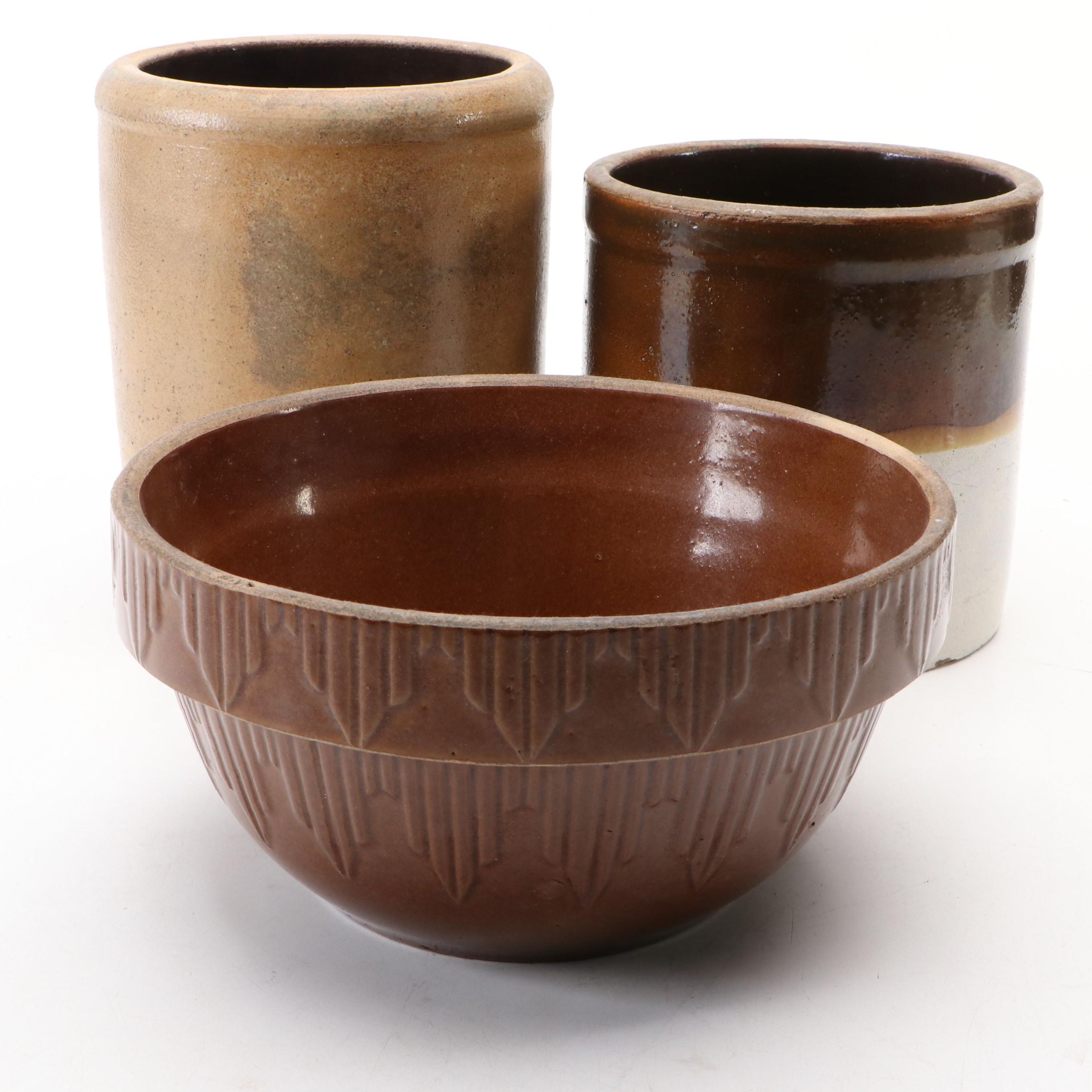 Brownware Picket Fence Pattern Mixing Bowl with Other Stoneware Crocks