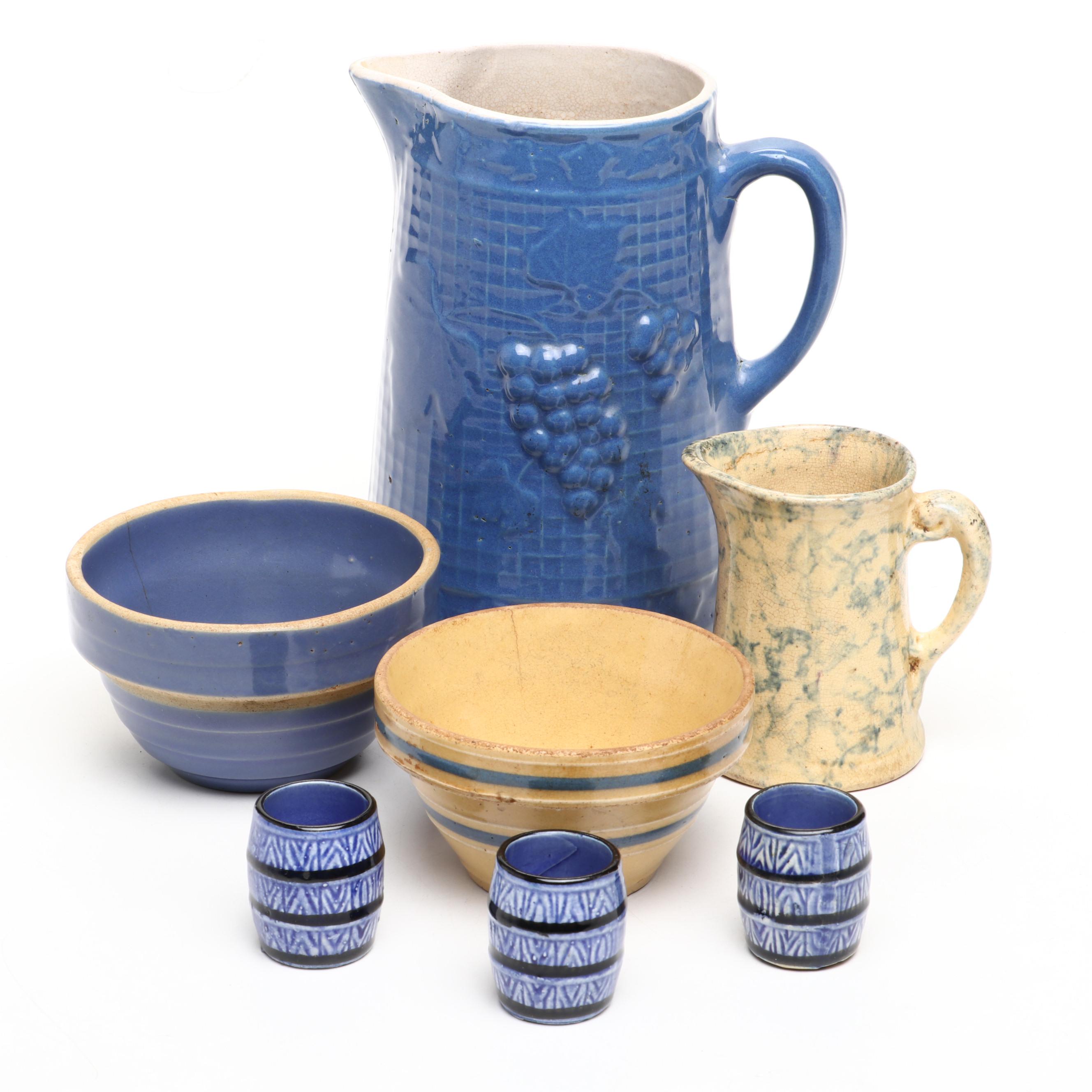 Stoneware Pitcher with Spongeware Creamer, Toothpick Holders and Mini Bowls