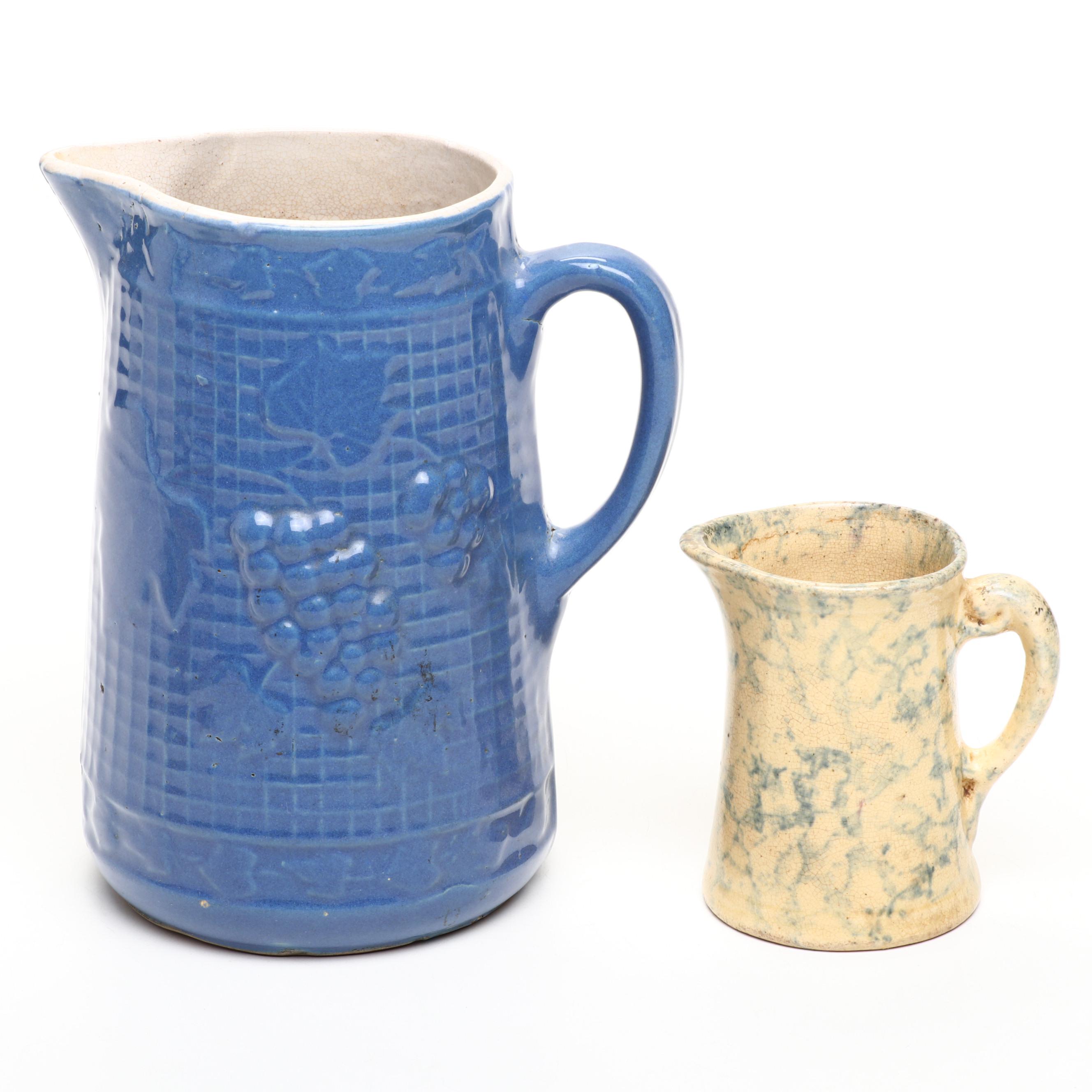 Stoneware Pitcher with Spongeware Creamer, Toothpick Holders and Mini Bowls